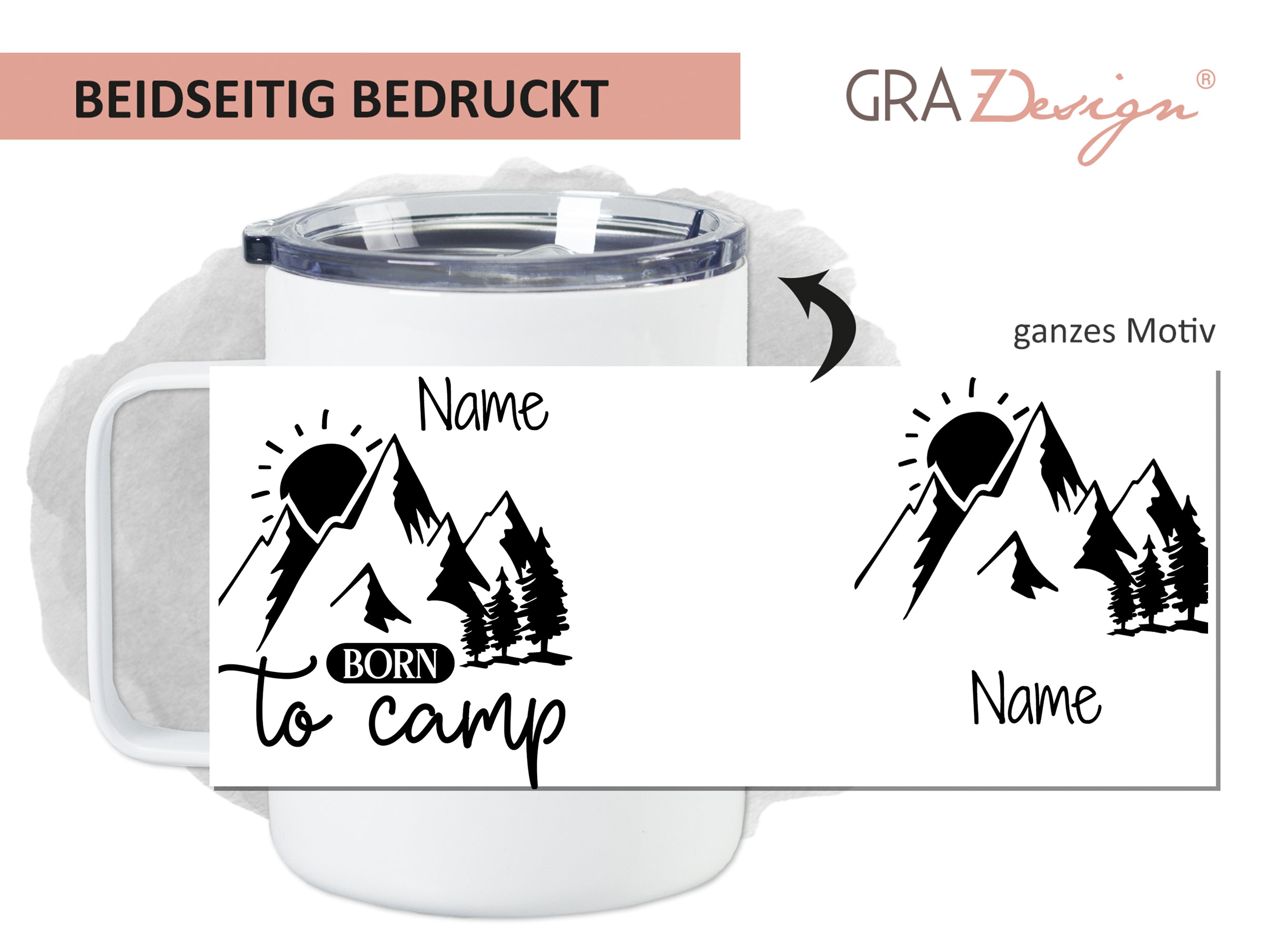 Becher mit Camping-Motiv, schwarz-weiß, personalisierbar.