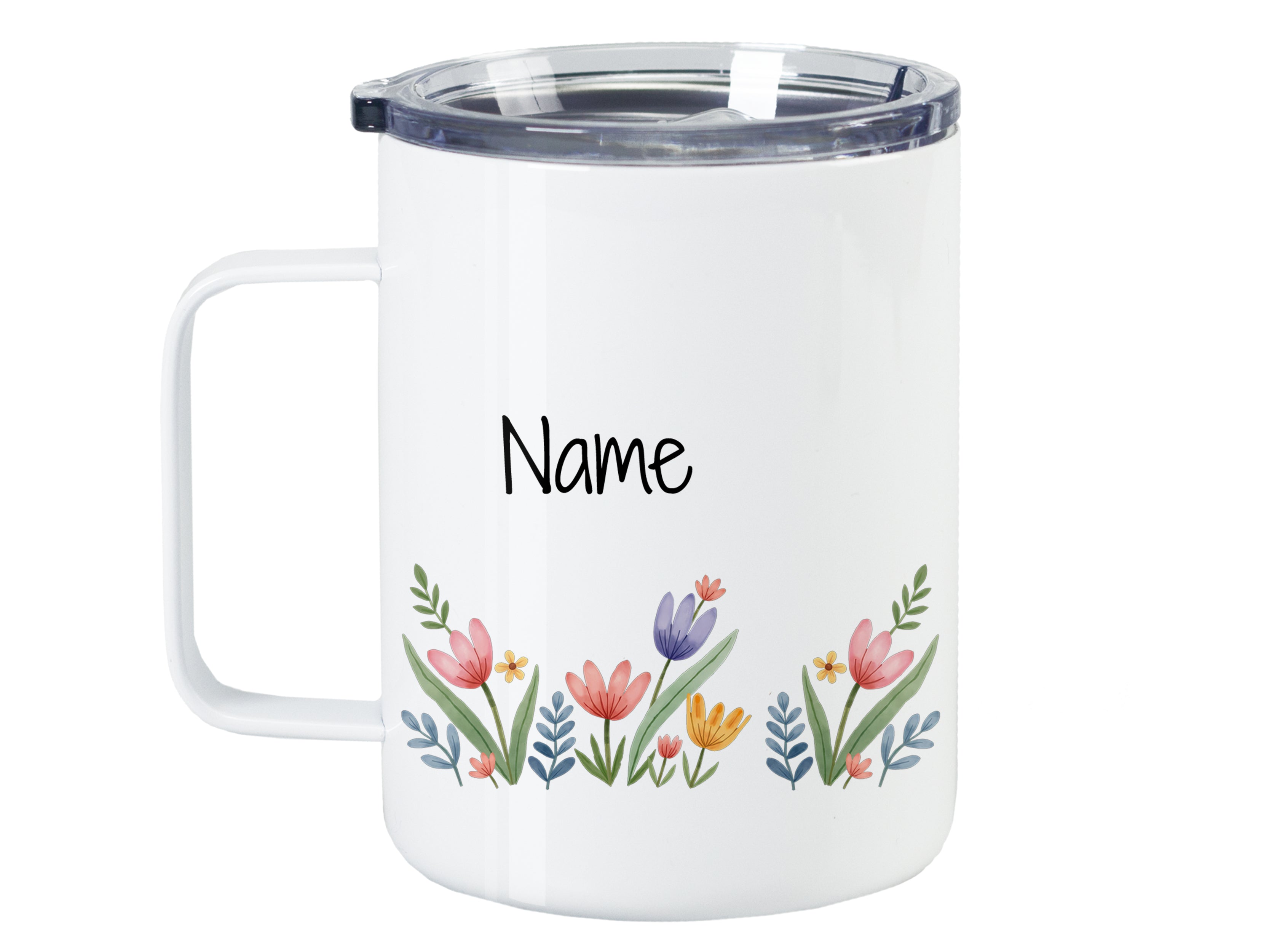 Weißer Becher mit bunten Blumen und personalisierbarem Namen.