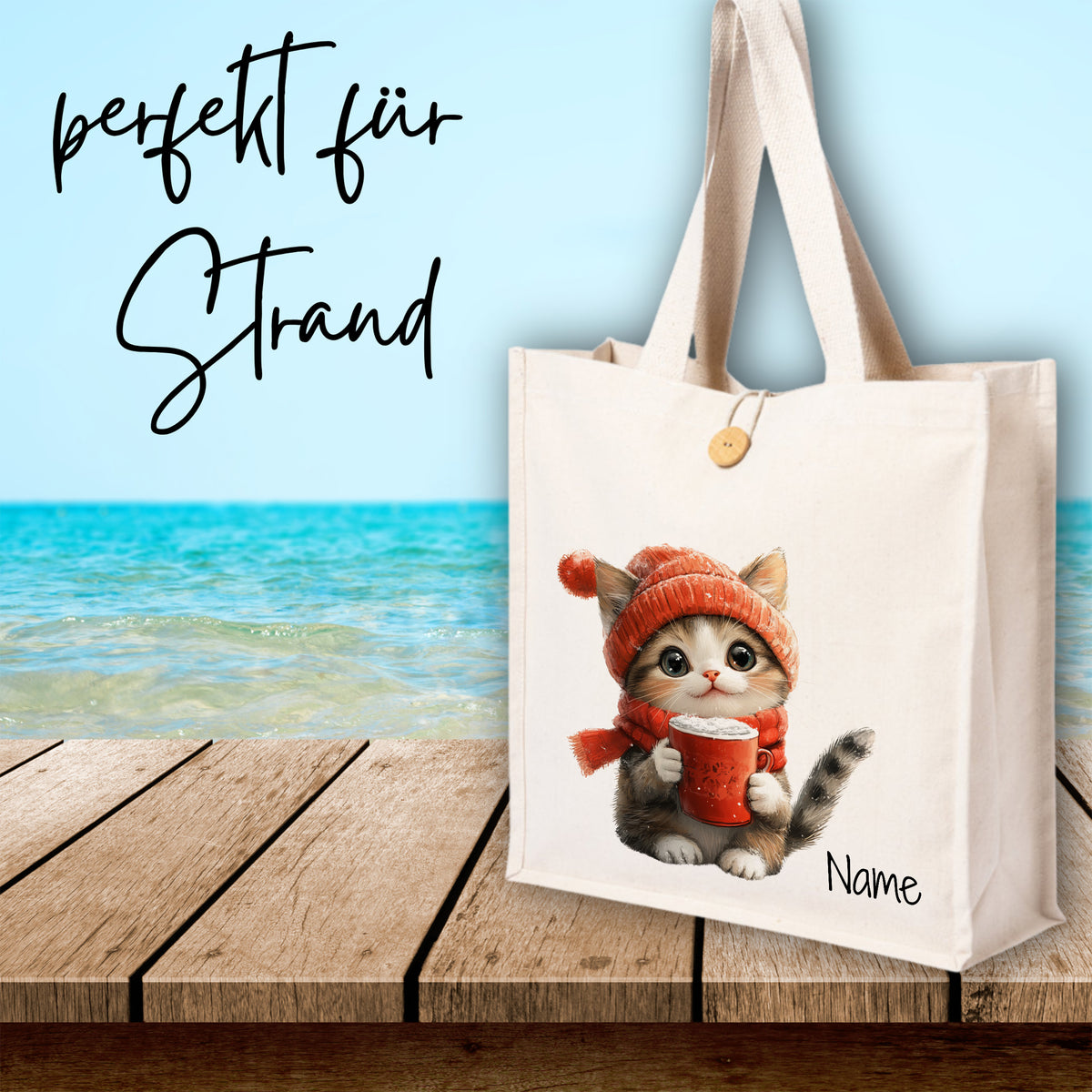 Stofftasche mit Katze, orange Mütze, personalisierbar.