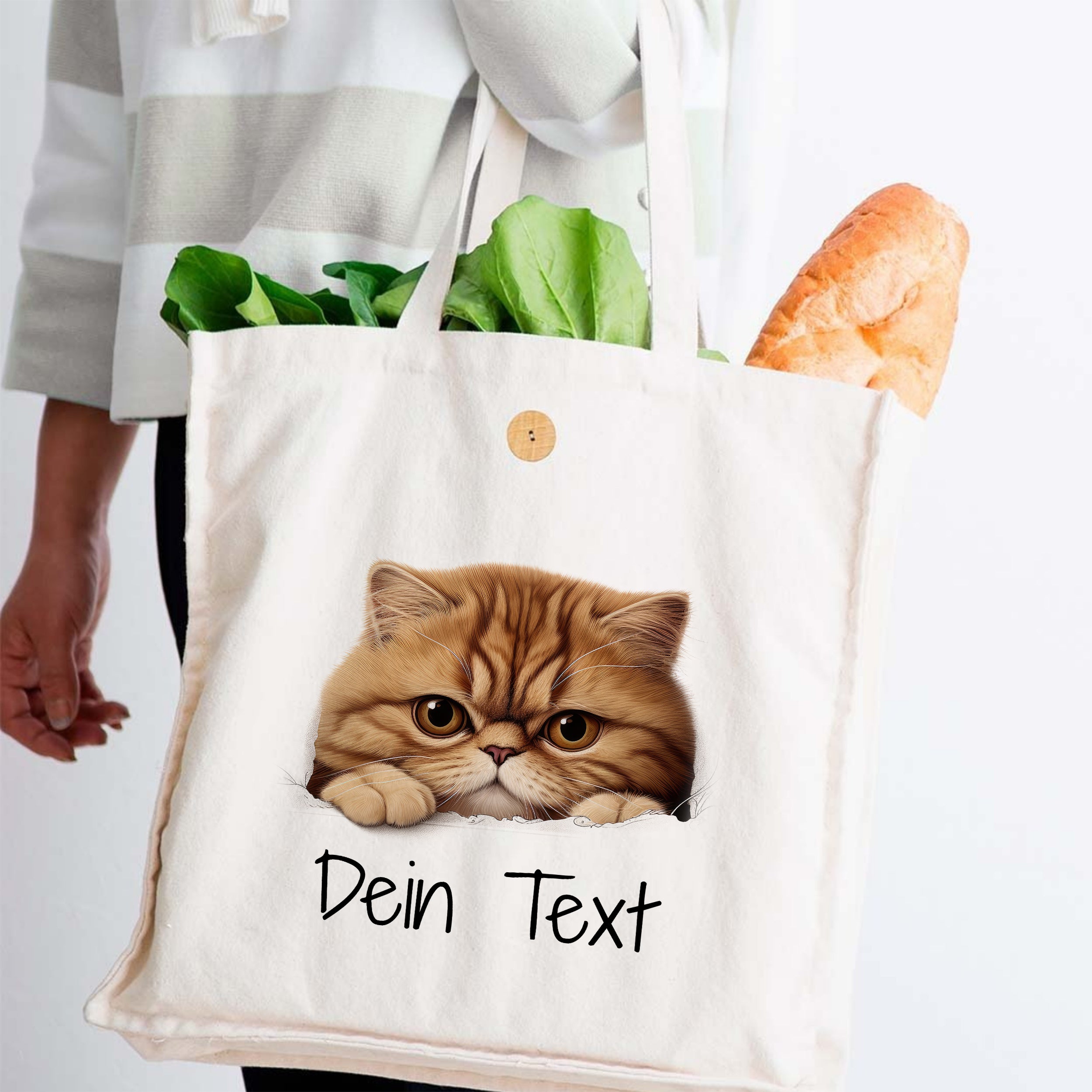 Beige Tasche mit Katze und personalisiertem Text.