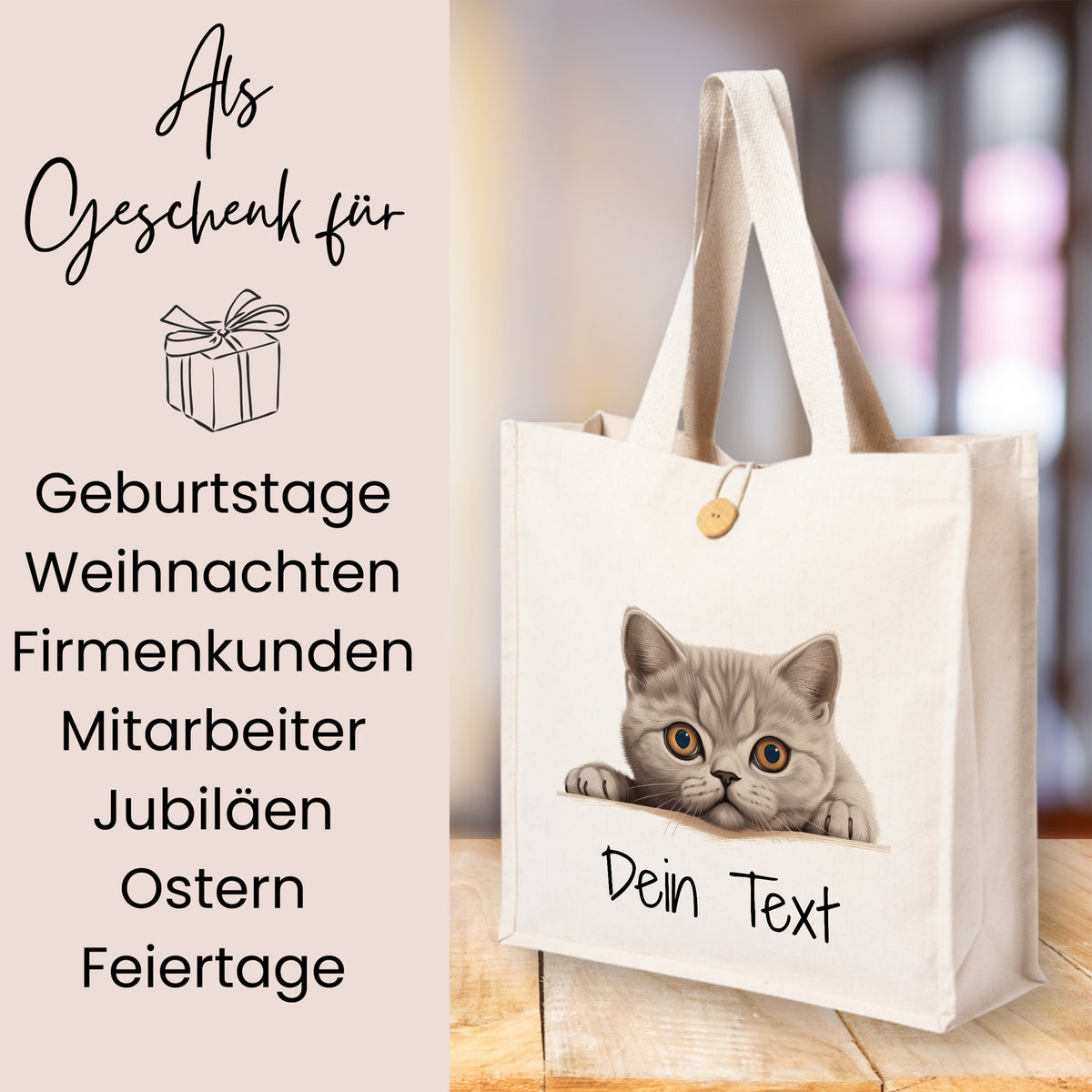 Beige Tragetasche mit Katzenmotiv und personalisierbarem Text.