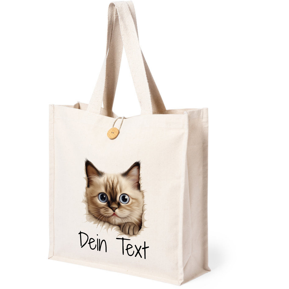Beige Tasche mit Katzenmotiv und personalisierbarem Text.