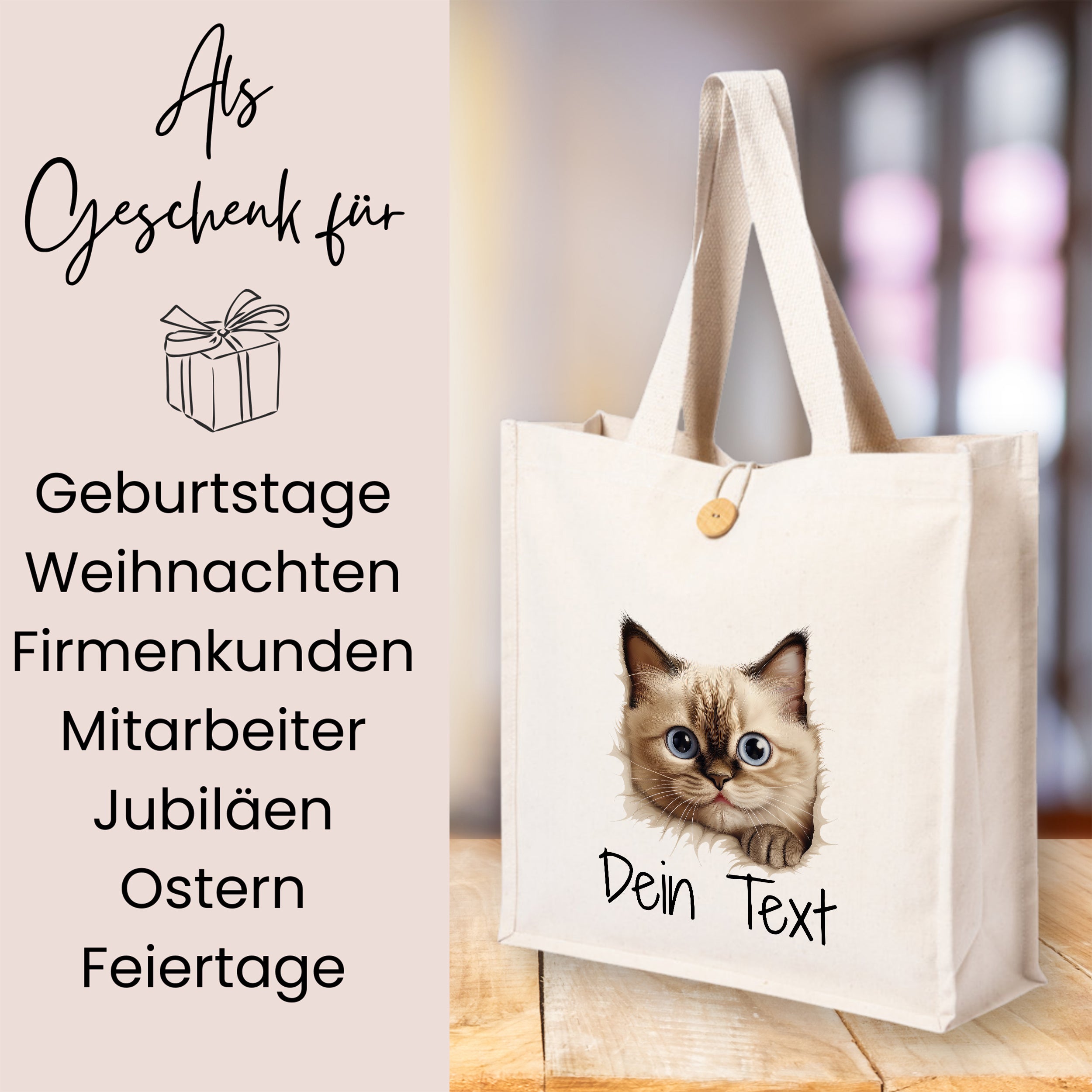 Beige Stofftasche mit Katzenmotiv und personalisierbarem Text.