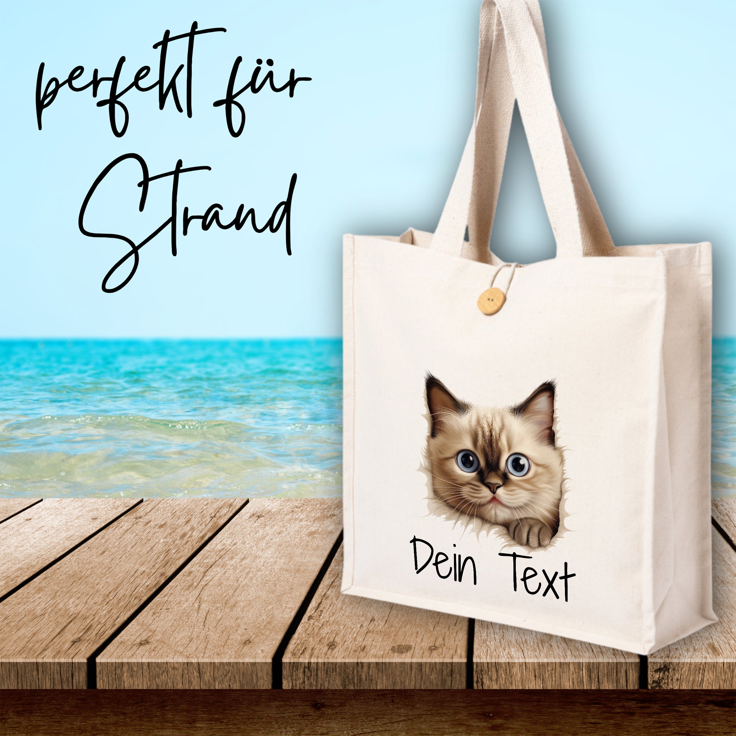 Beige Strandtasche mit Katzenmotiv und personalisierbarem Text.