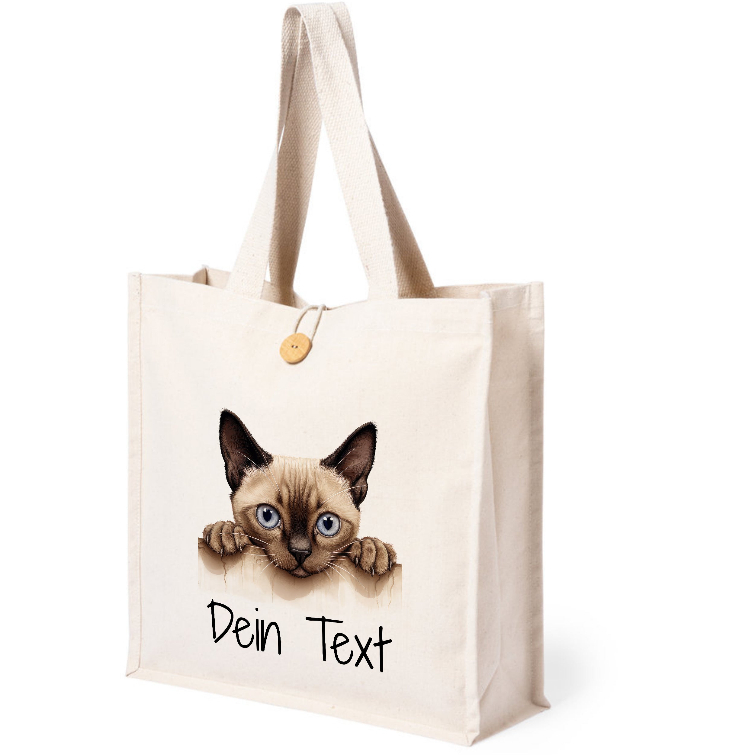 Beige Stofftasche mit Siamkatze und personalisierbarem Text.