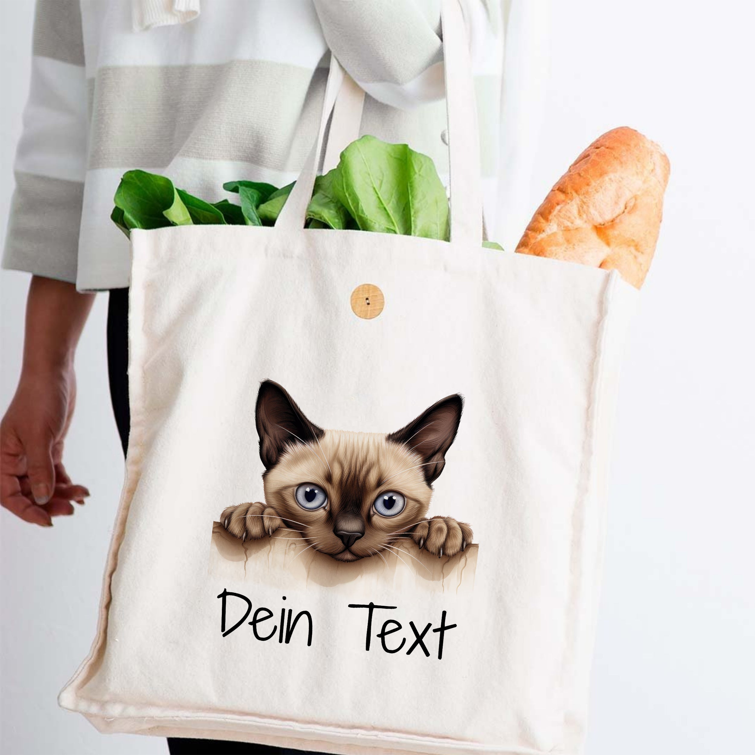 Beige Baumwolltasche mit katzenartigem Motiv und personalisiertem Text.