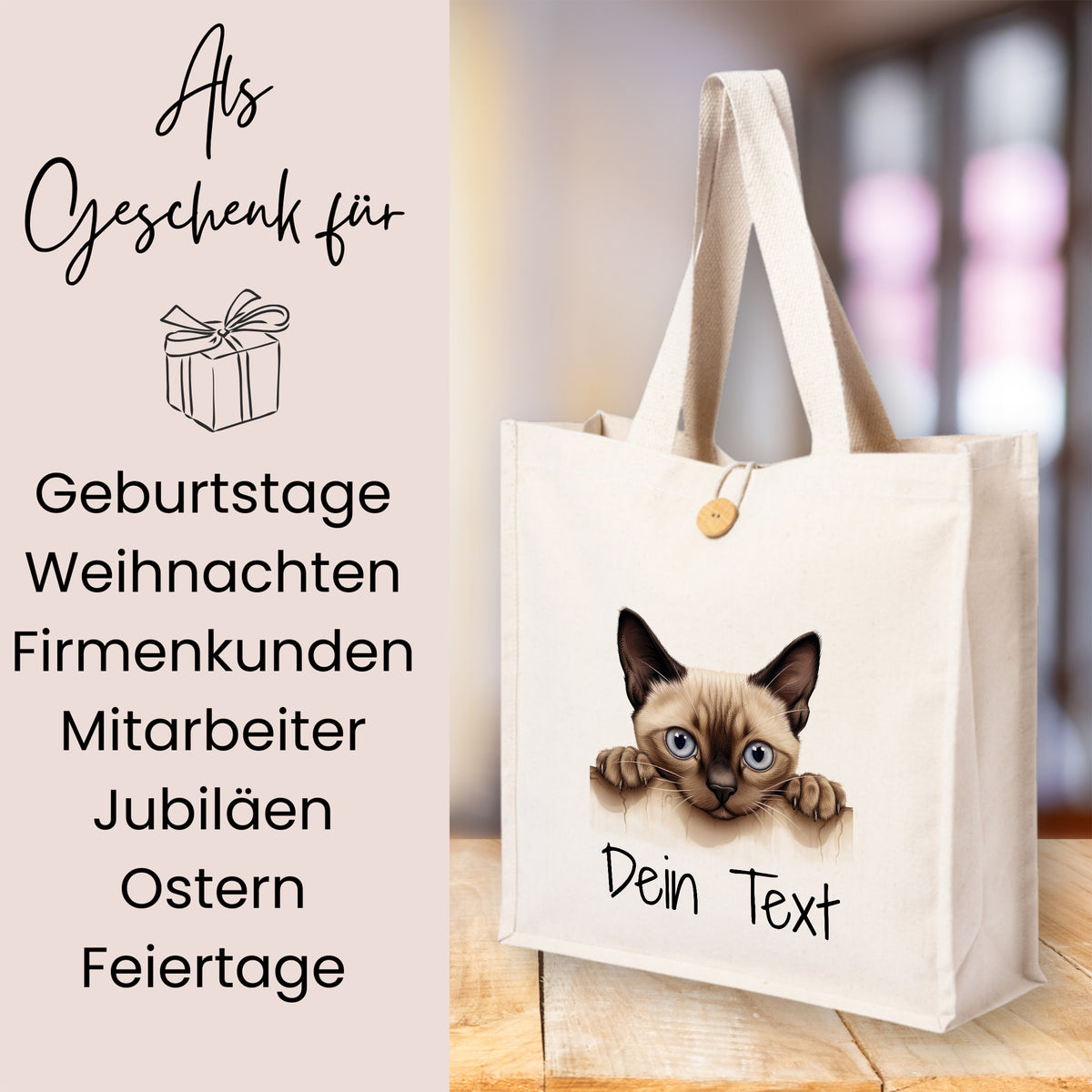 Beige Stofftasche mit Siamkatze und personalisierbarem Text.