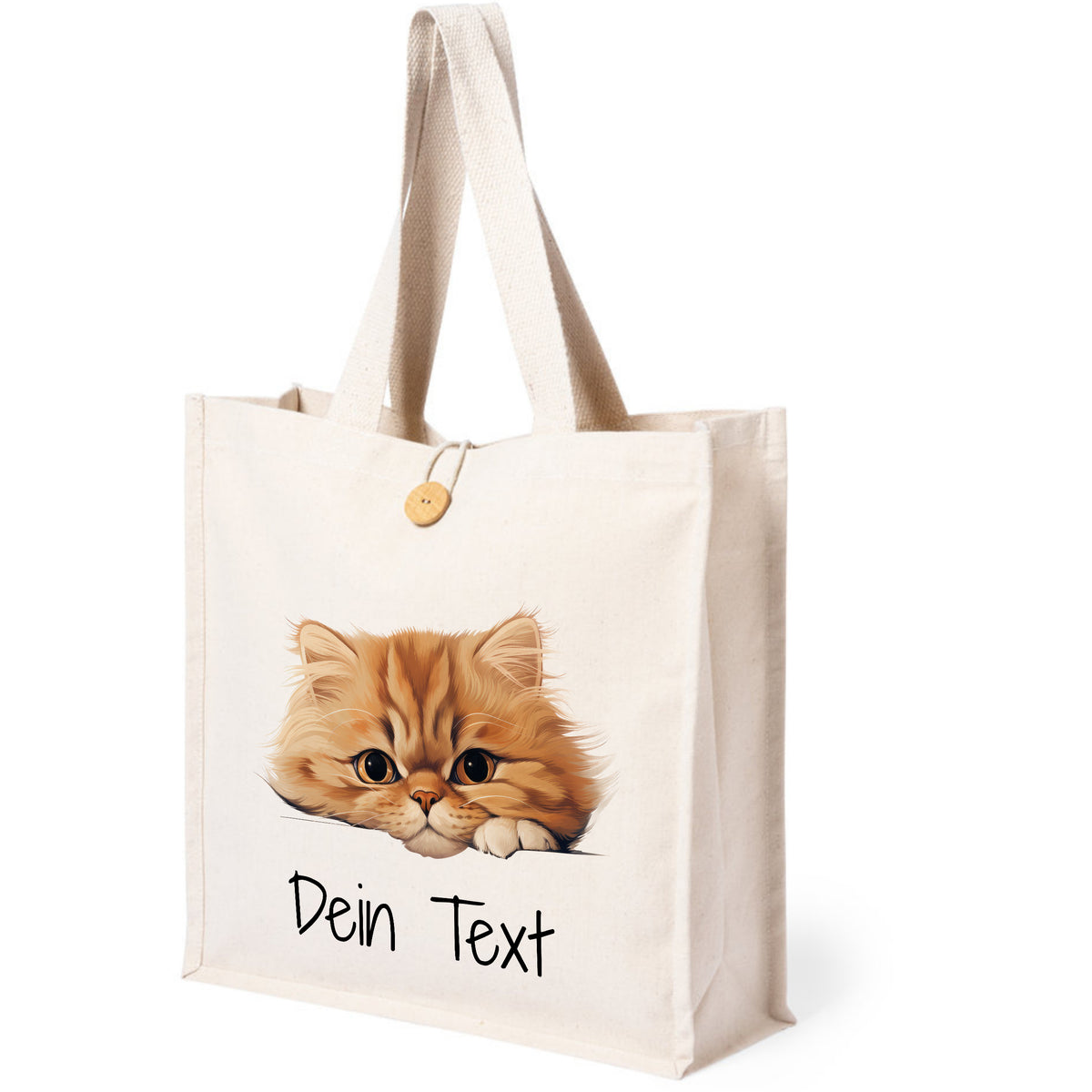 Beige Stofftasche mit niedlichem Katzenmotiv und personalisierbarem Text.
