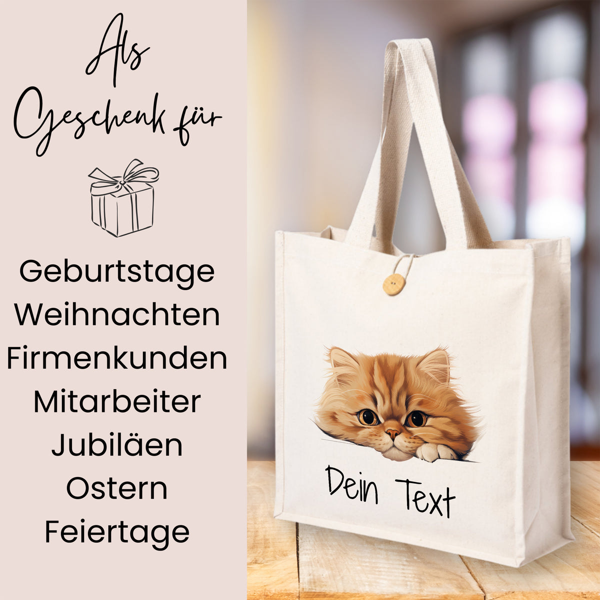 Beige Tragetasche mit Katzenmotiv und personalisierbarem Text.