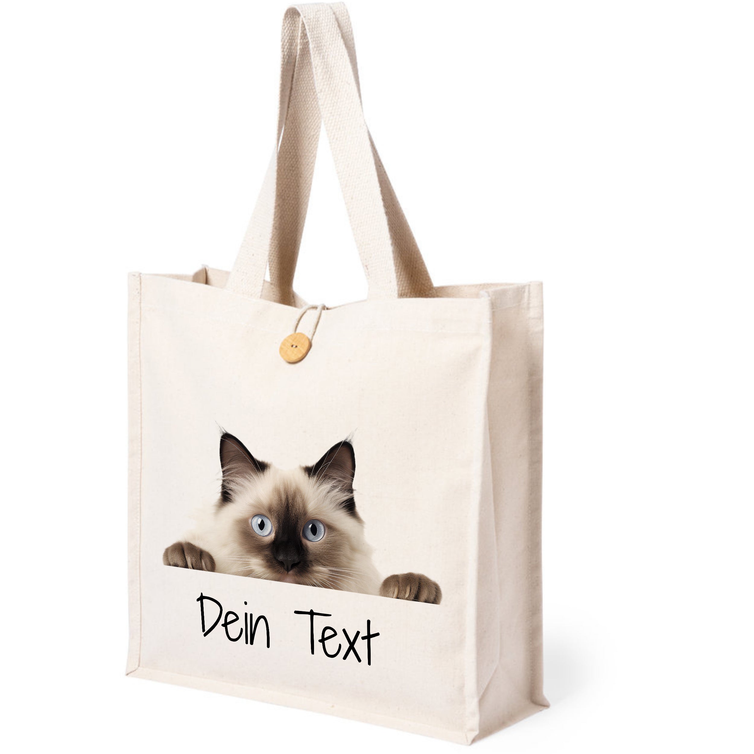 Beige Stofftasche mit Katzenmotiv und personalisierbarem Text.