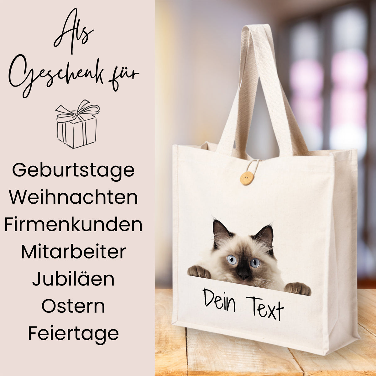 Beige Stofftasche mit Katze und personalisierbarem Text.