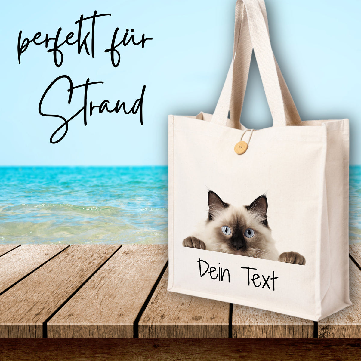 Beige Strandtasche mit Katze und personalisierbarem Text.