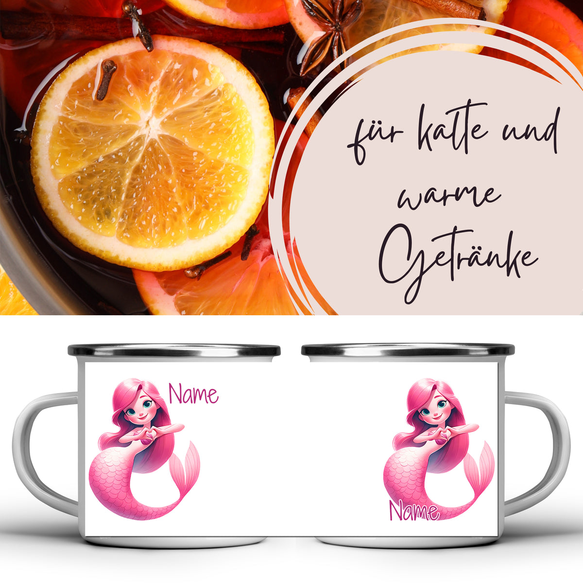 Tassen mit pinker Meerjungfrau und personalisierbarem Namen.