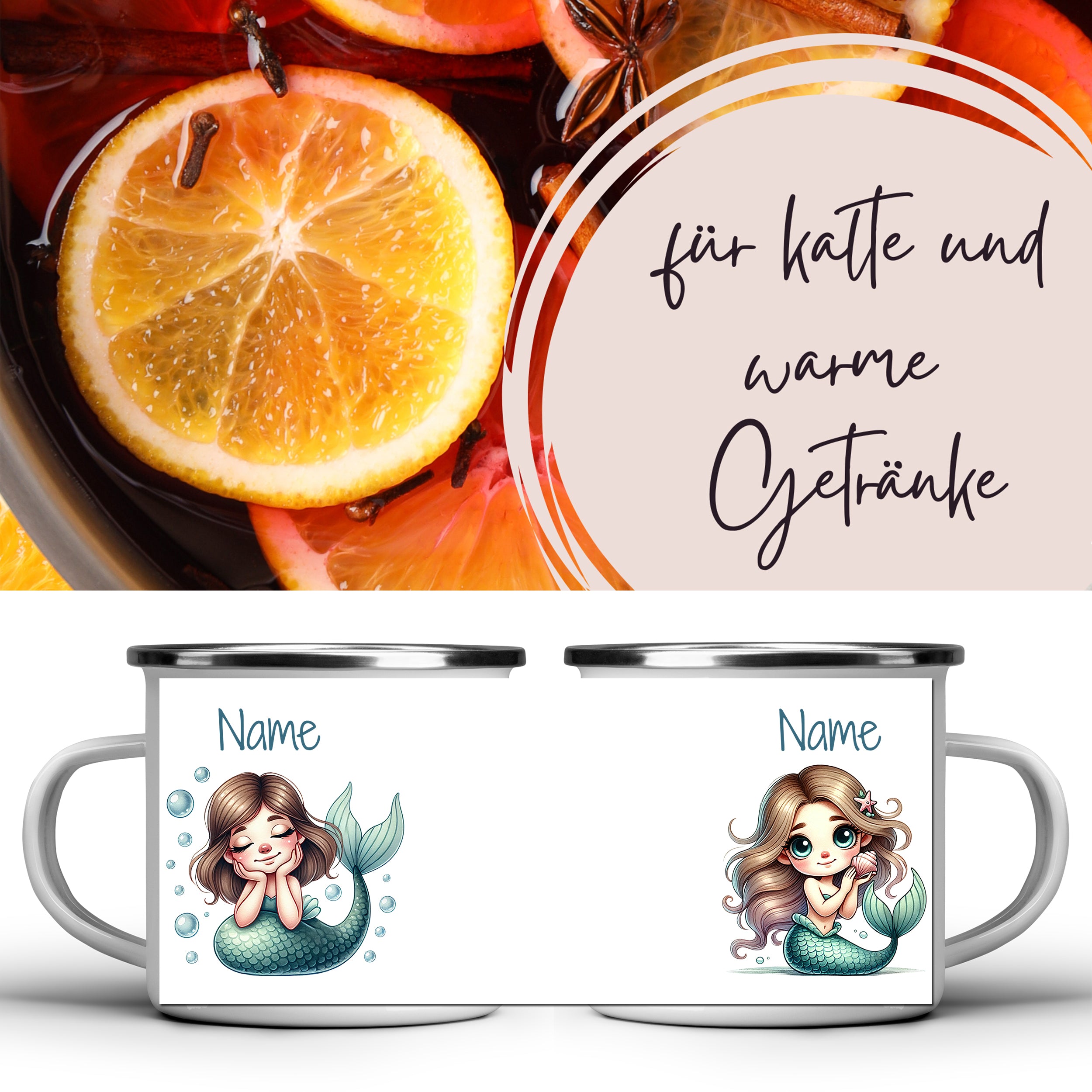 Tassen mit Meerjungfrau-Design für heiße Getränke.