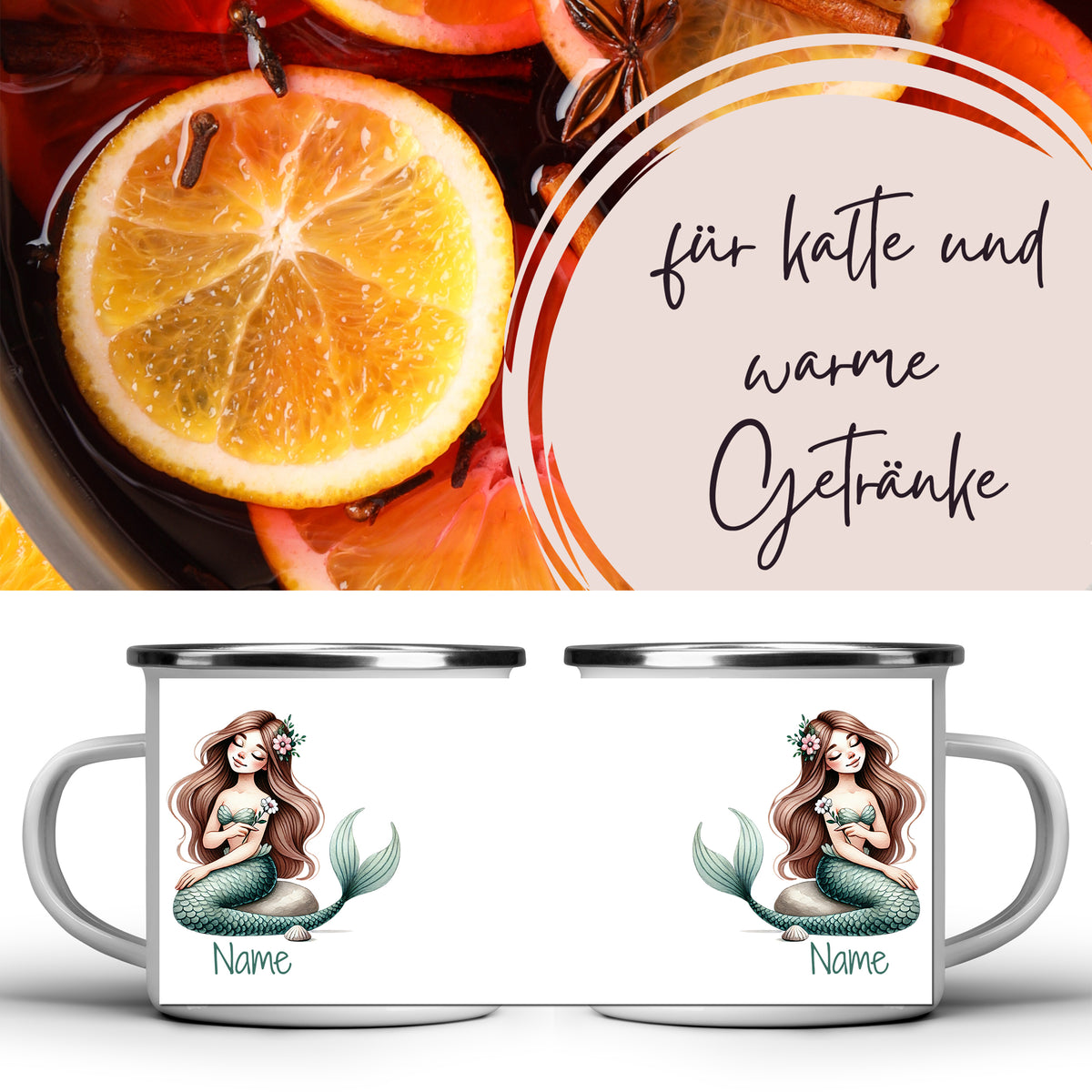 Emaille-Tasse mit Meerjungfrau-Design, grün und weiß.