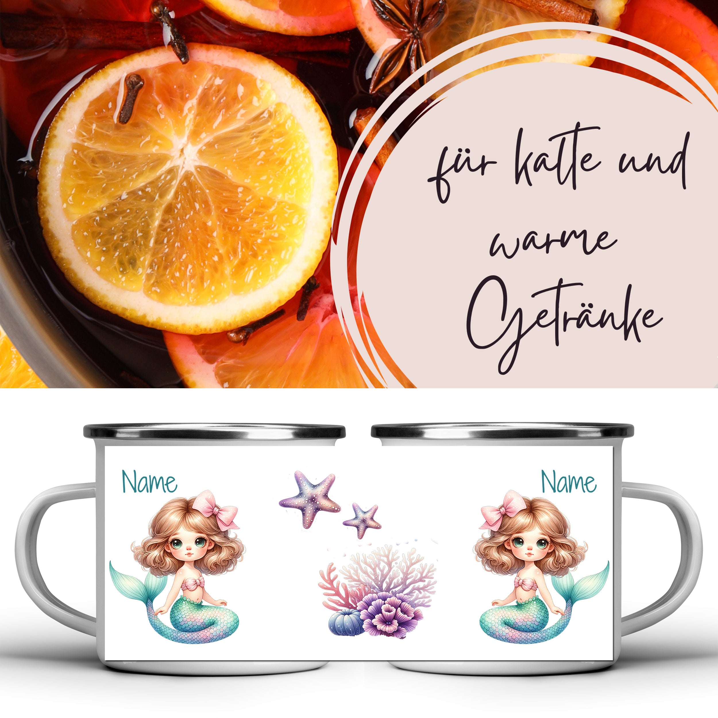 Tasse mit Meerjungfrau-Design in Pastellfarben.
