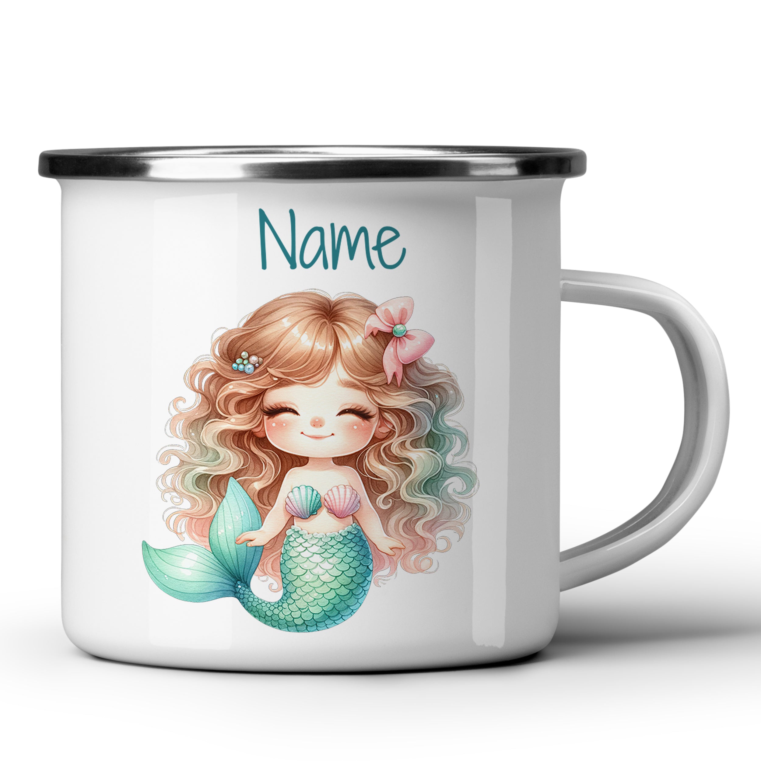 Weißer Emaille-Becher mit Meerjungfrau-Design und personalisierbarem Namen.