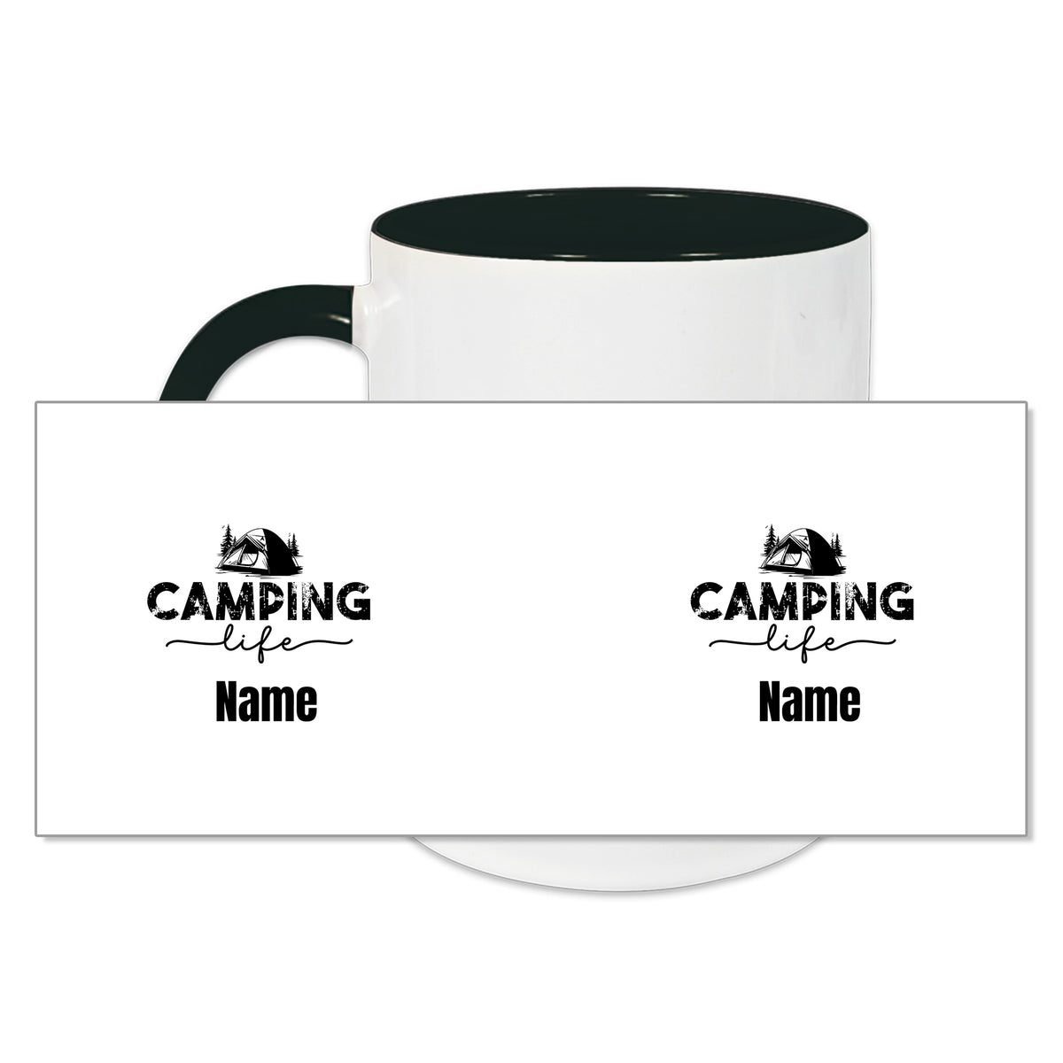 Tasse mit grünem Henkel, Camping Life-Design, personalisierbar.