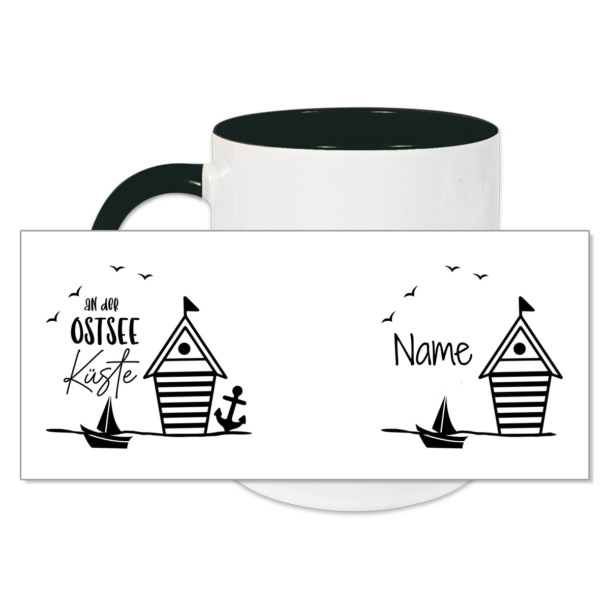 Tasse mit maritimen Motiven in Schwarz-Weiß.