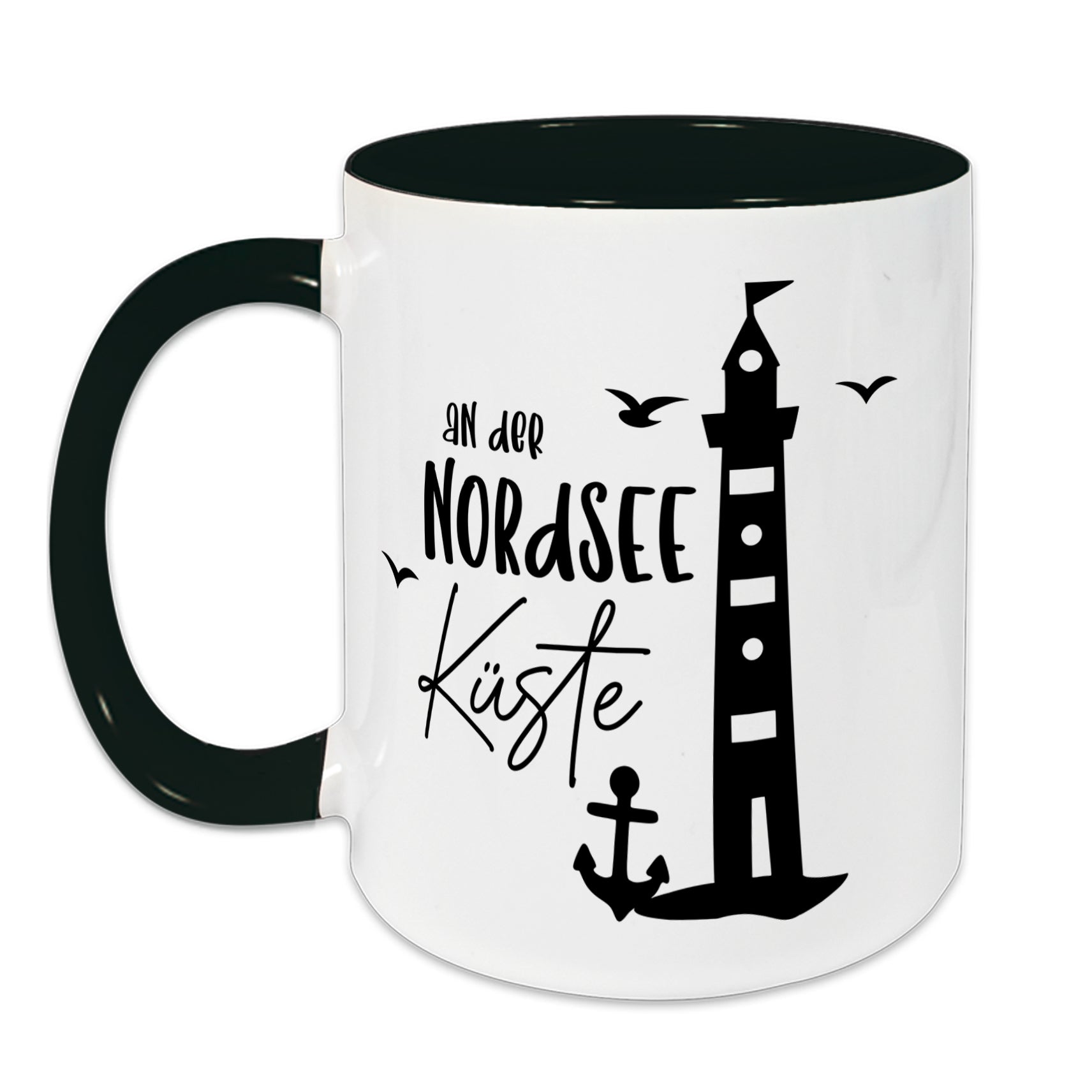 Tasse mit grünem Henkel, Leuchtturm und Nordsee-Küste Schriftzug.