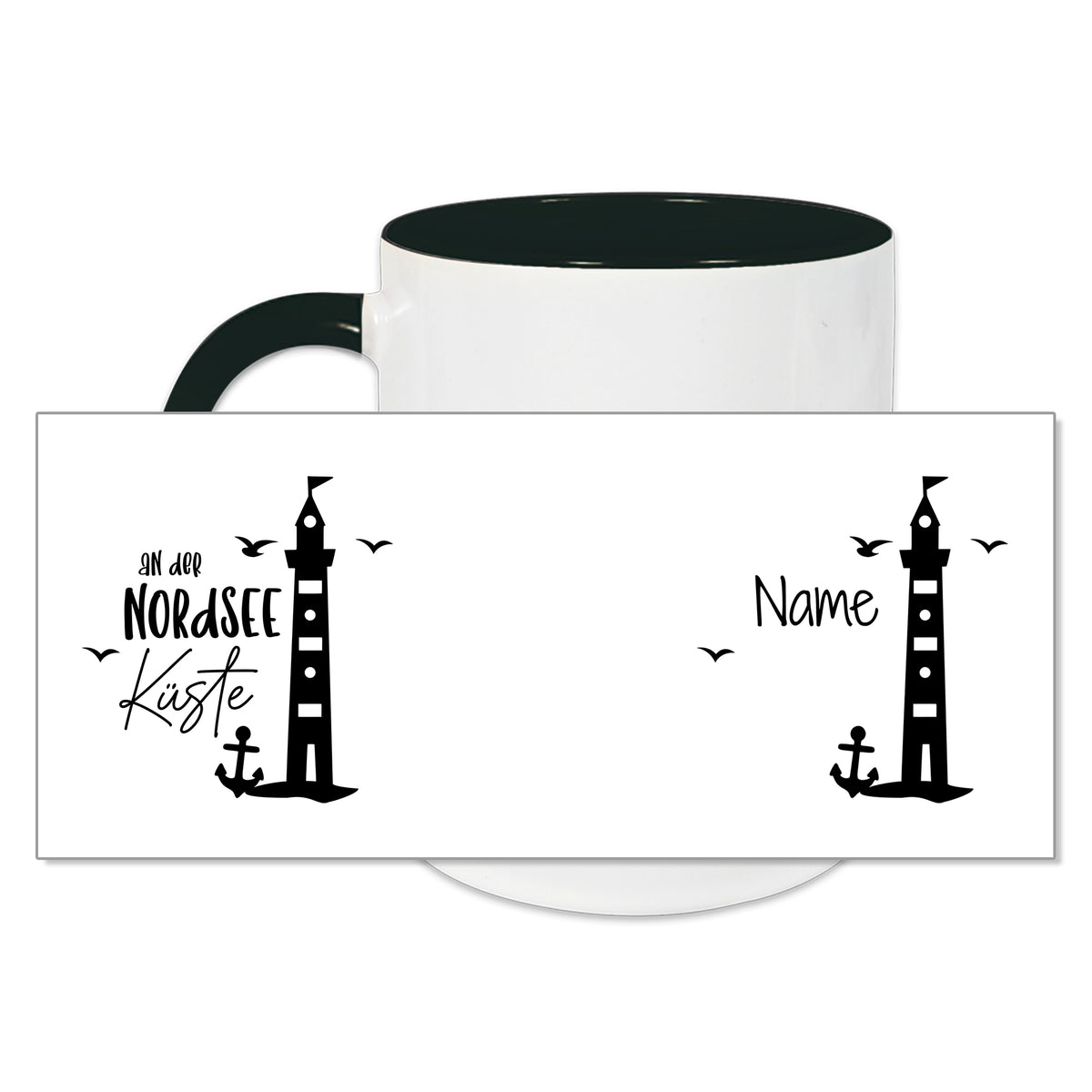 Tasse mit Nordsee-Motiv, schwarz-weiße Farben, personalisierbar.