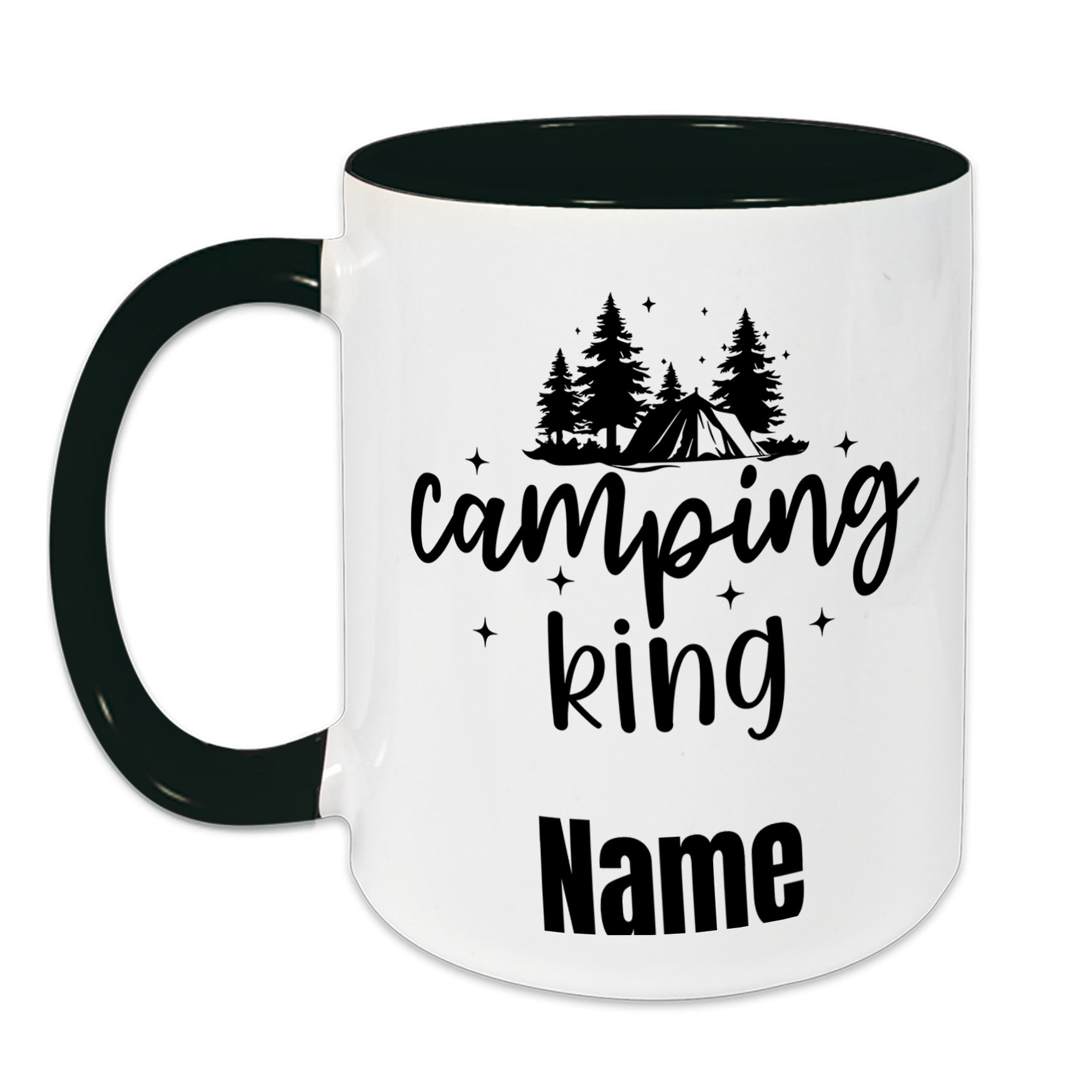 Tasse in Weiß und Dunkelgrün mit Camping-Motiv und personalisierbarem Namen.