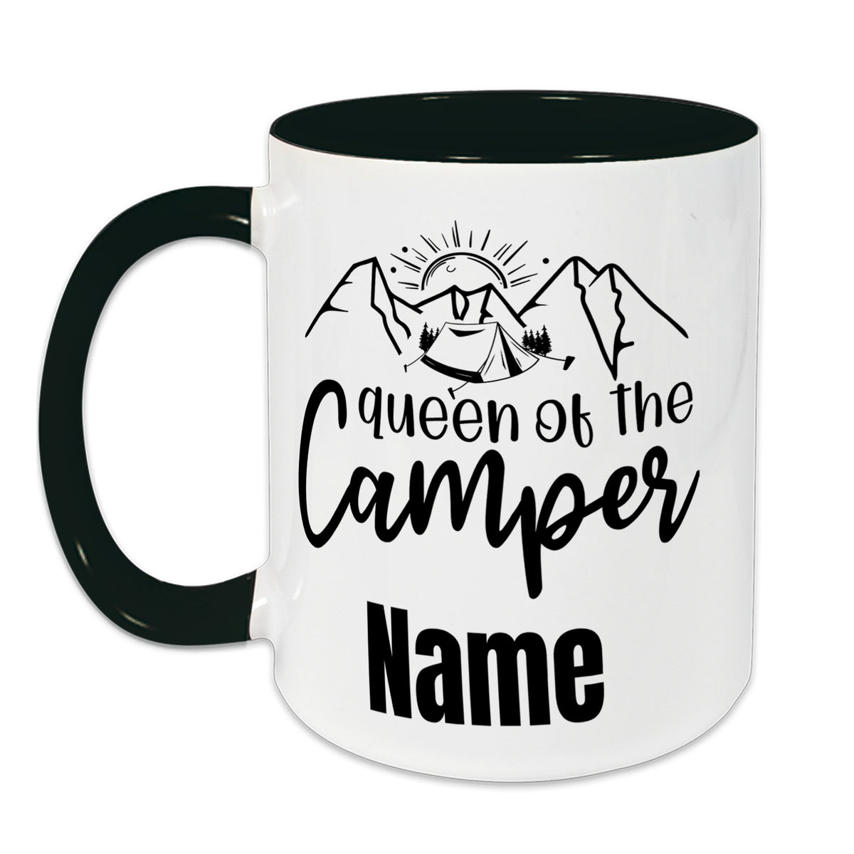 Tasse mit schwarzem Henkel, "Queen of the Camper", personalisierbar.
