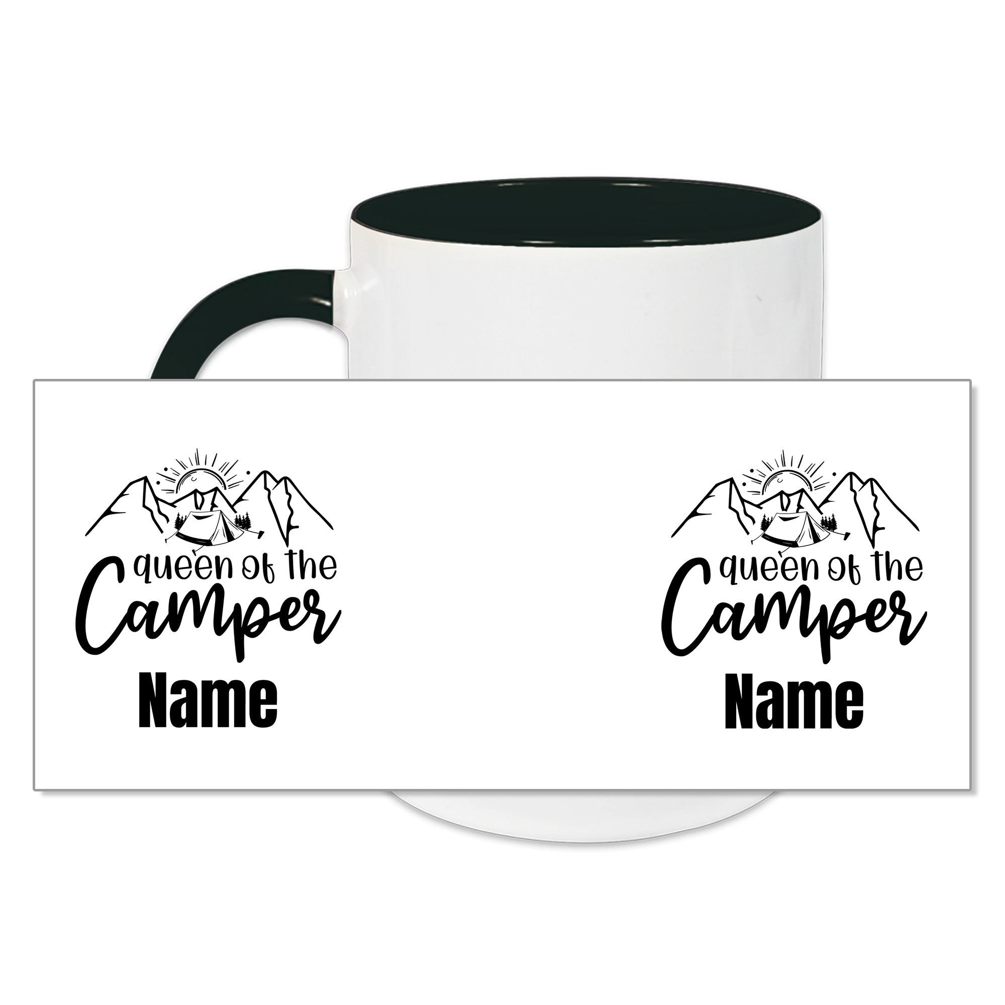 Tasse mit grünem Henkel, "Queen of the Camper" Design.