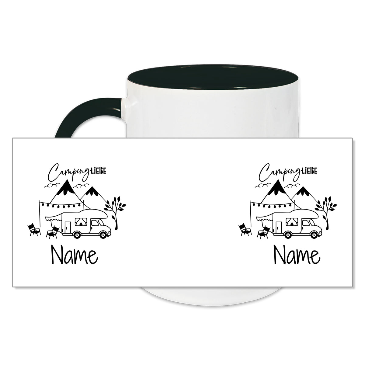 Tasse mit grünem Henkel, Camping-Motiv und personalisierbarem Namen.