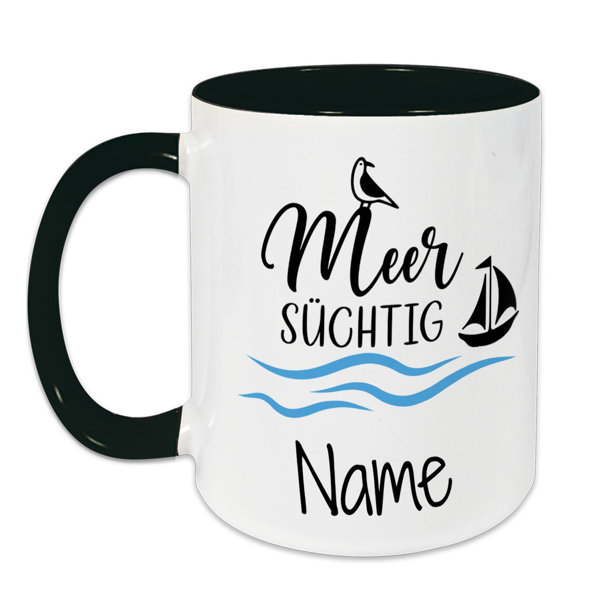 Tasse mit grünem Henkel, Aufschrift "Meer süchtig" und Segelboot.