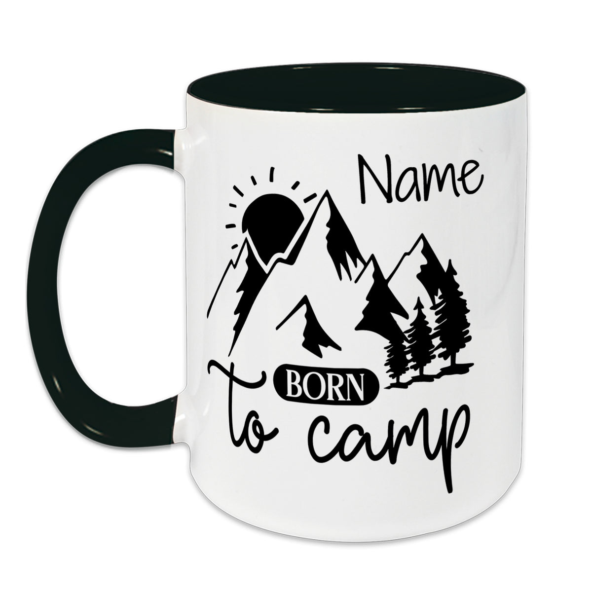 Tasse mit grünem Henkel, Camping-Motiv und personalisierbarem Namen.