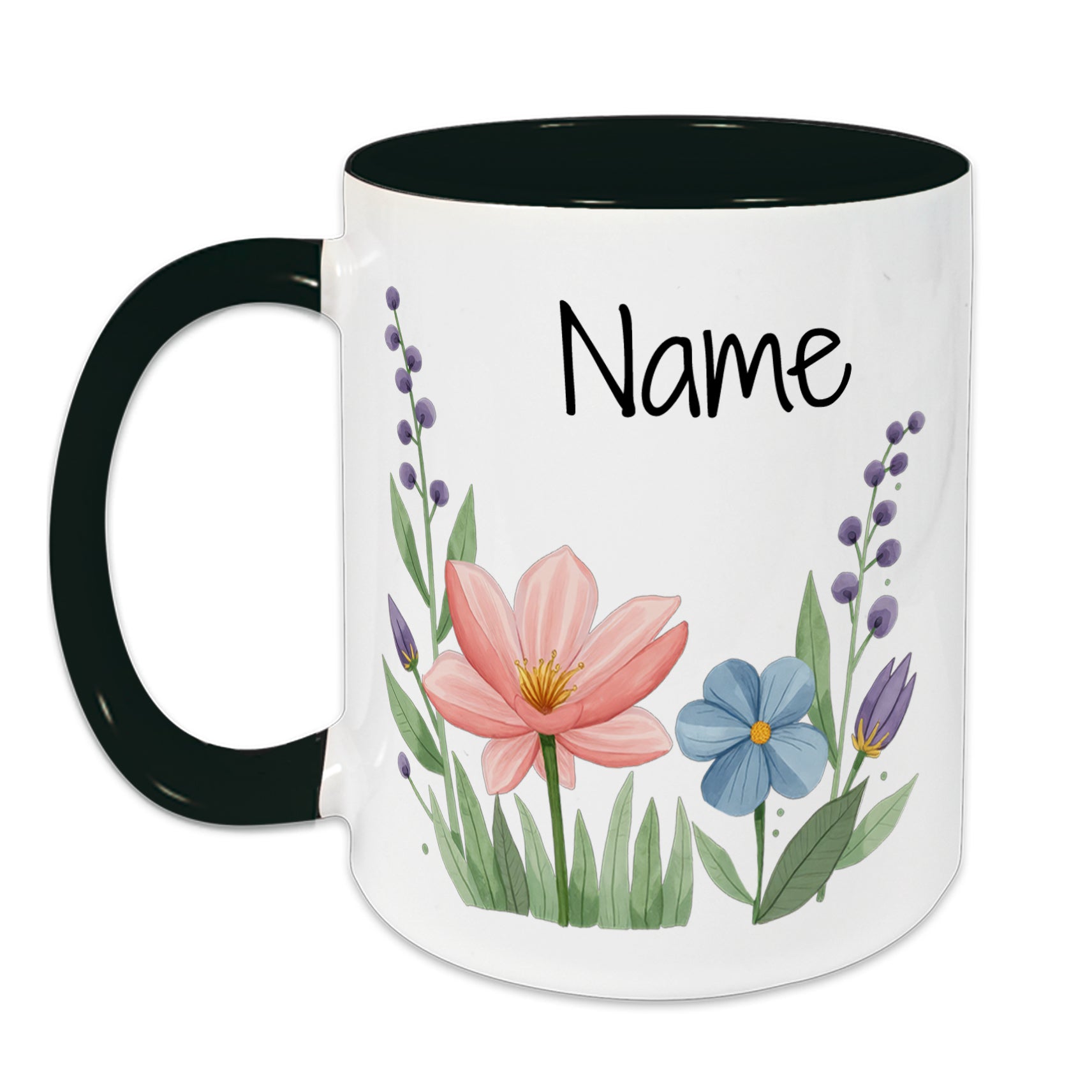 Tasse mit bunten Blumen und schwarzem Henkel, personalisierbar.