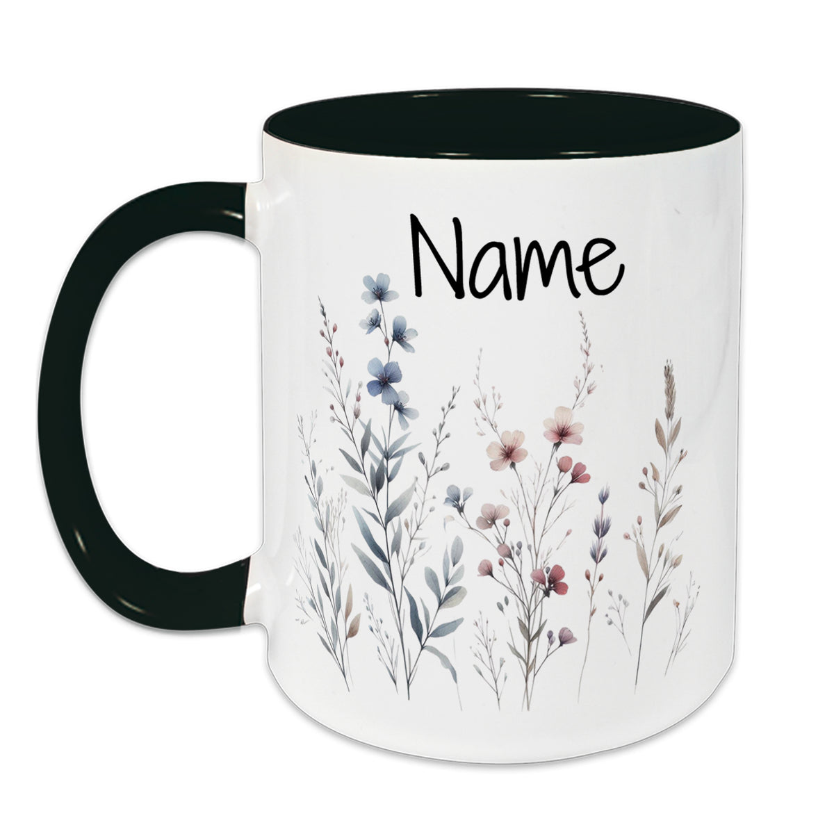 Tasse mit floralem Design und personalisierbarem Namen.