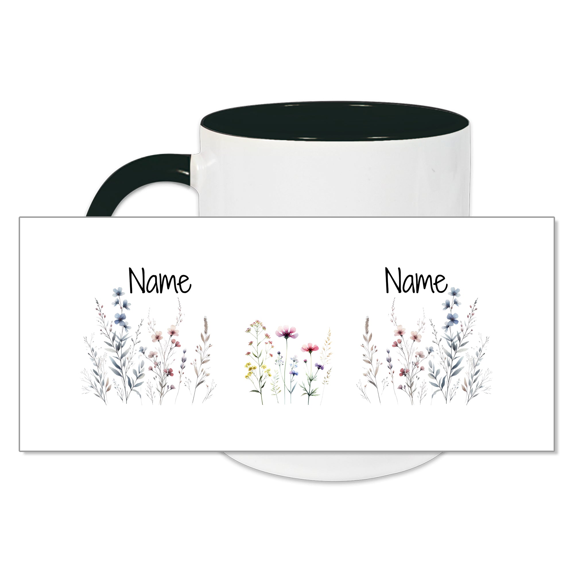 Tasse mit floralem Design und personalisierbarem Namen.