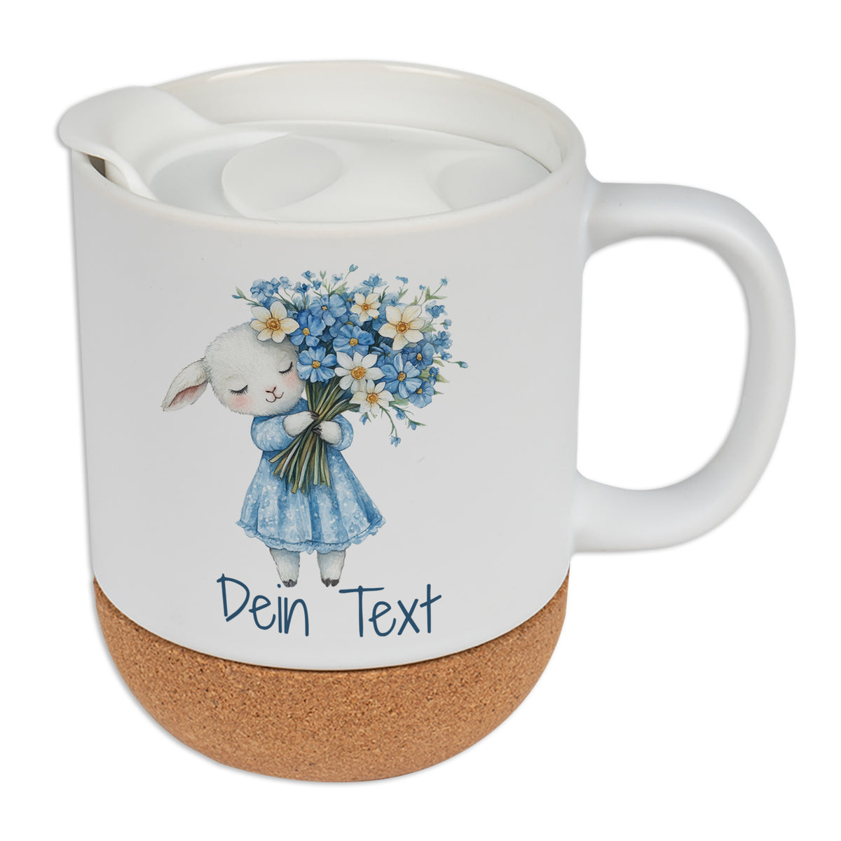 Weißer Becher mit Korkboden und niedlichem Hasenmotiv.