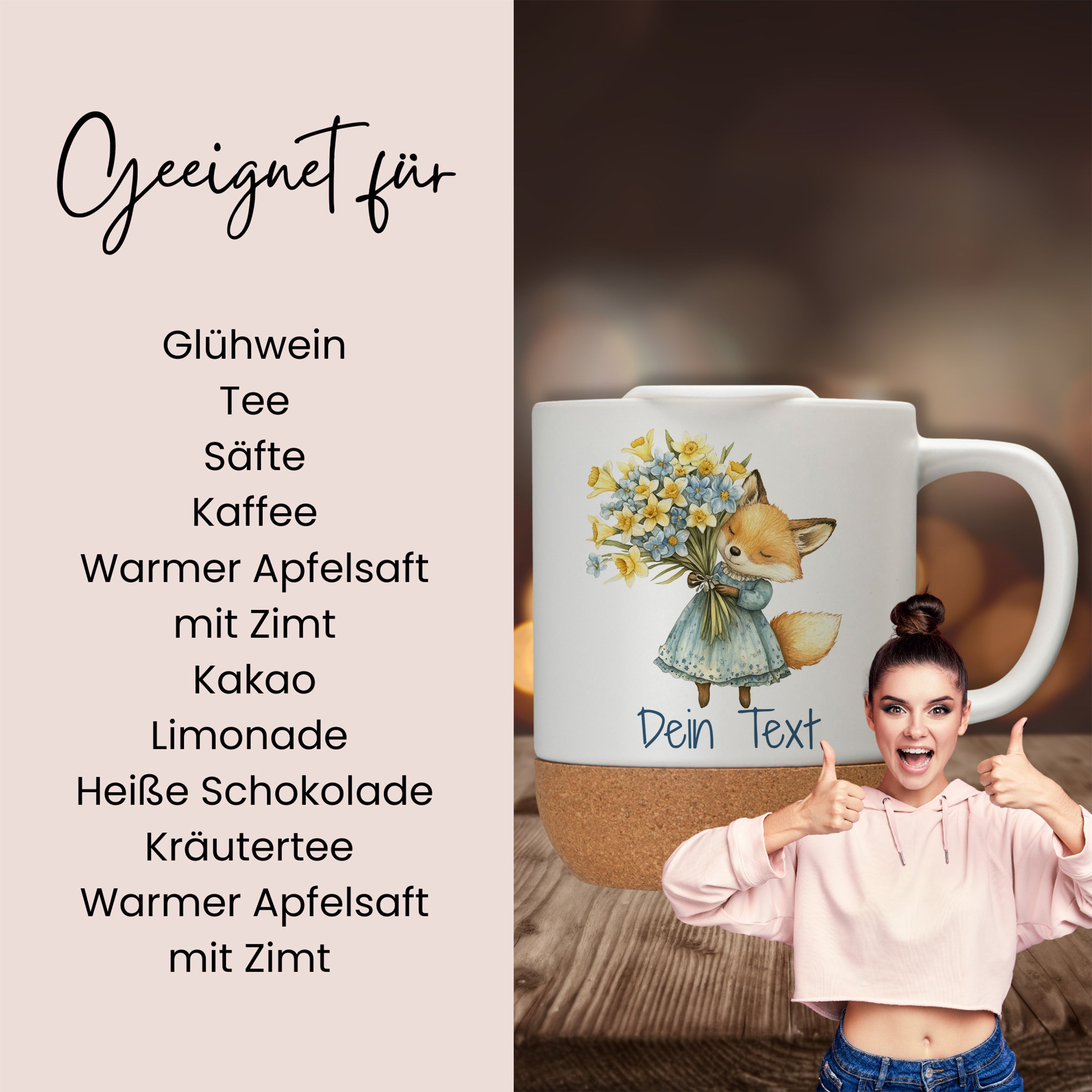 Tasse mit Fuchs-Motiv, beige, geeignet für verschiedene Getränke.