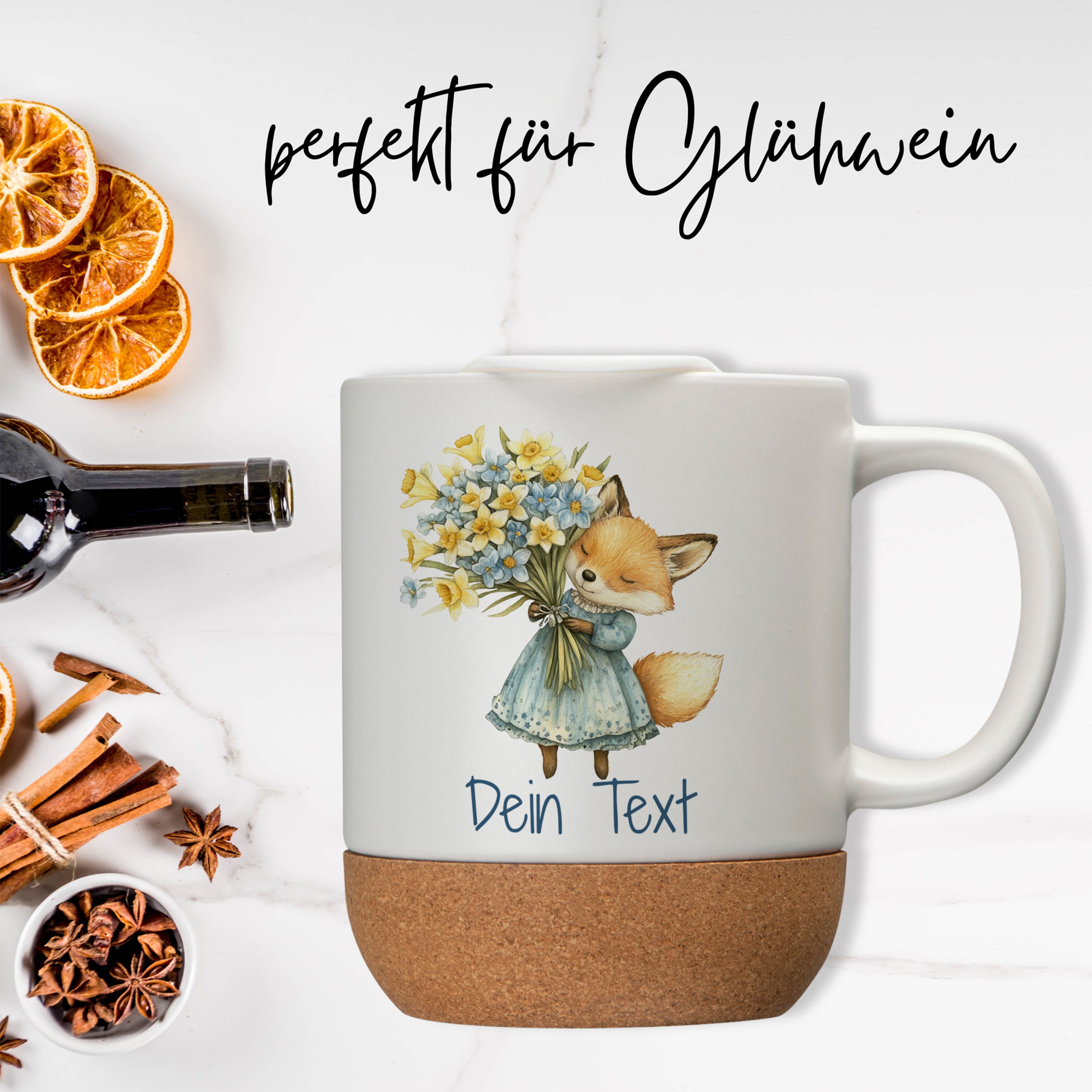 Tasse mit Fuchs, Blumen und Korkboden, personalisierbar.