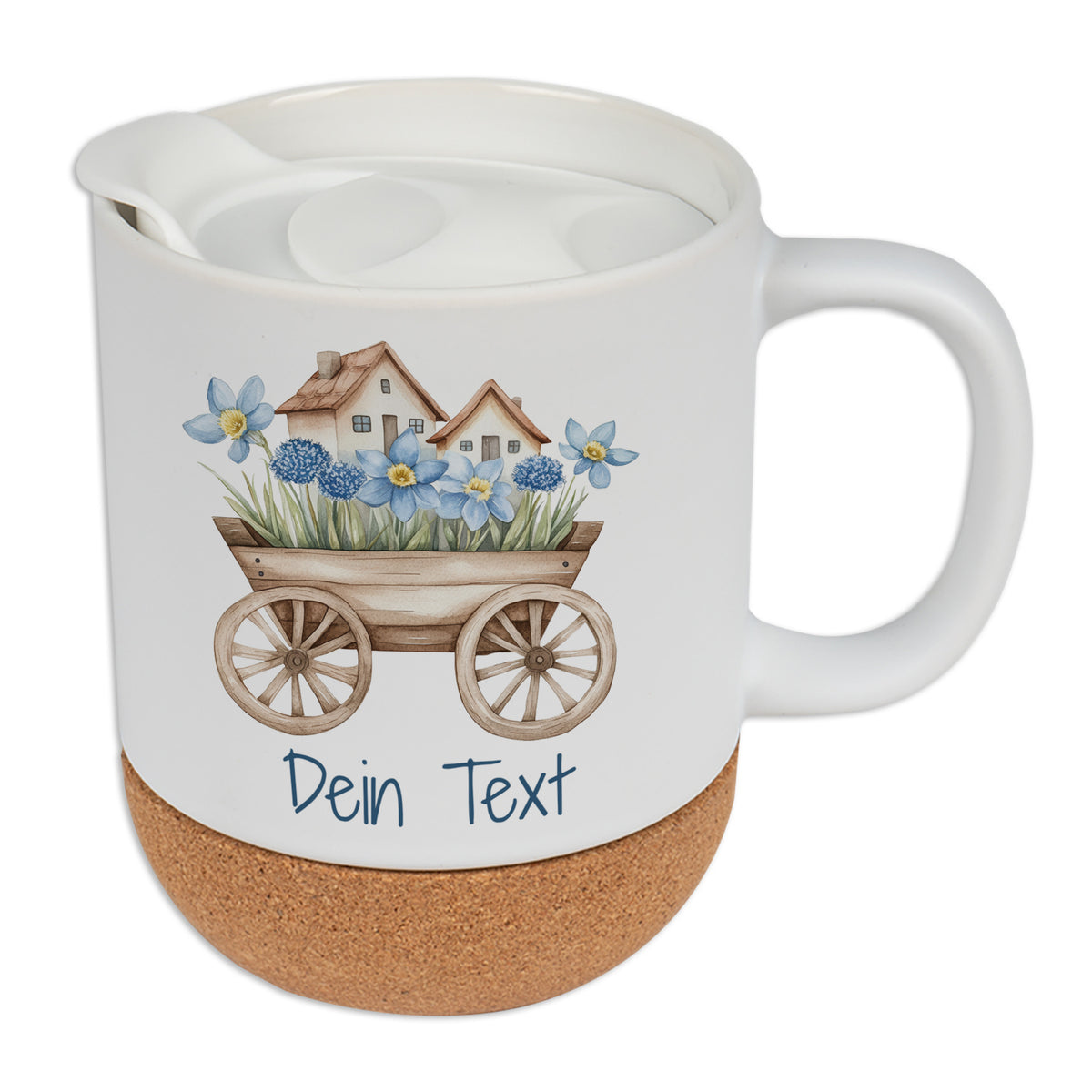 Weißer Becher mit Blumenmotiv und Korkboden, personalisierbar.