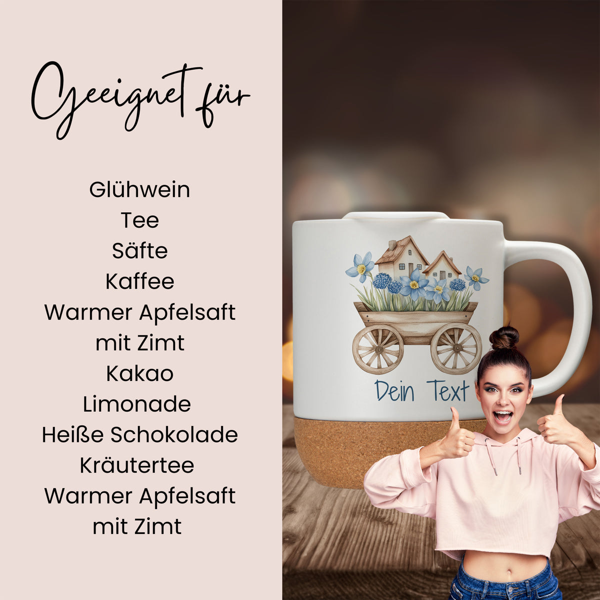Tasse mit Blumenmotiv, beige, für verschiedene Getränke.