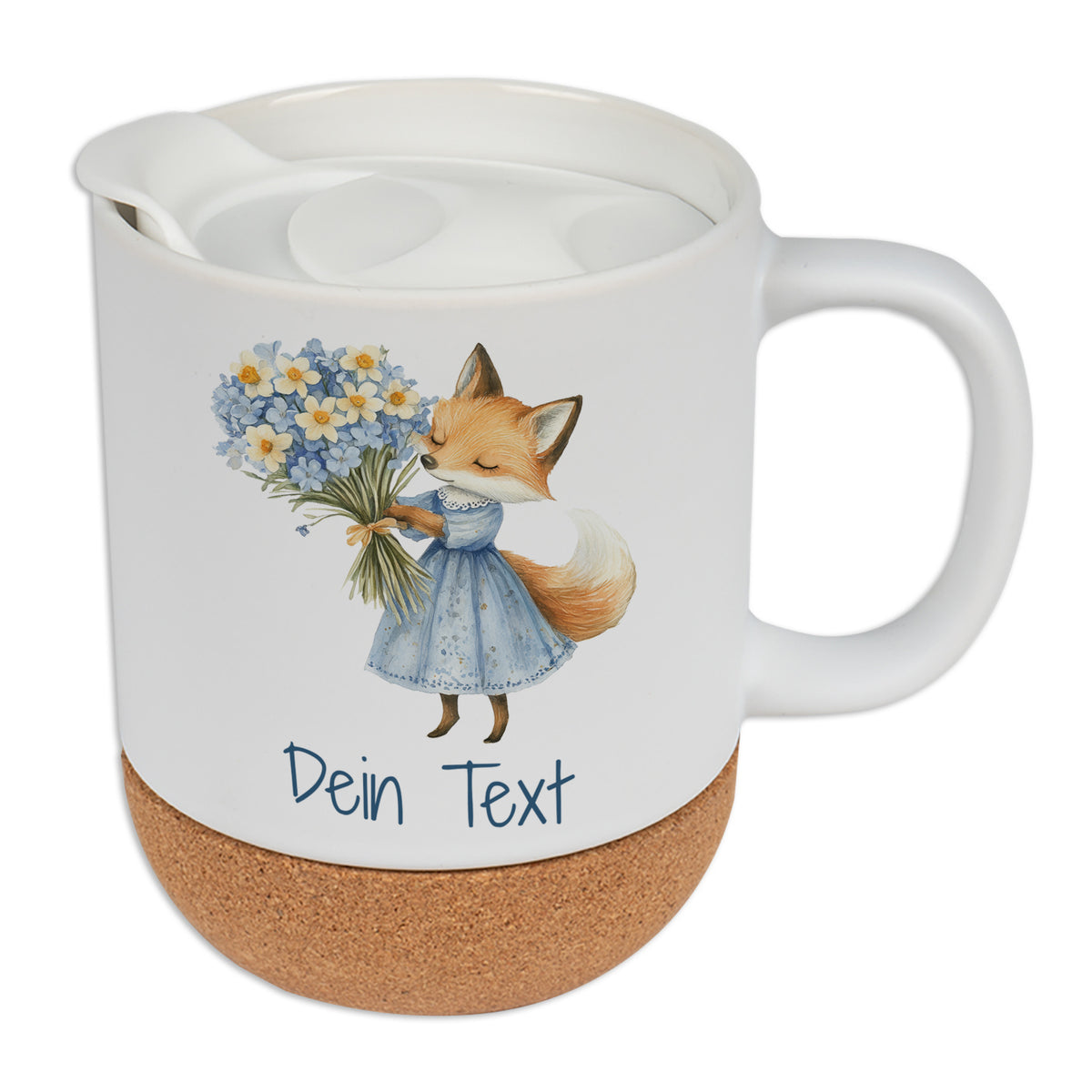 Tasse mit Fuchs-Motiv, blauem Kleid und Korkboden.