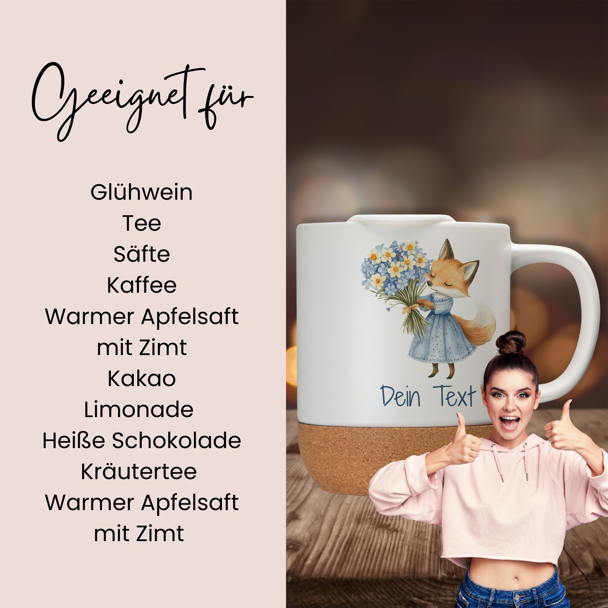 Tasse mit Fuchs-Illustration und Korkboden, personalisierbar.