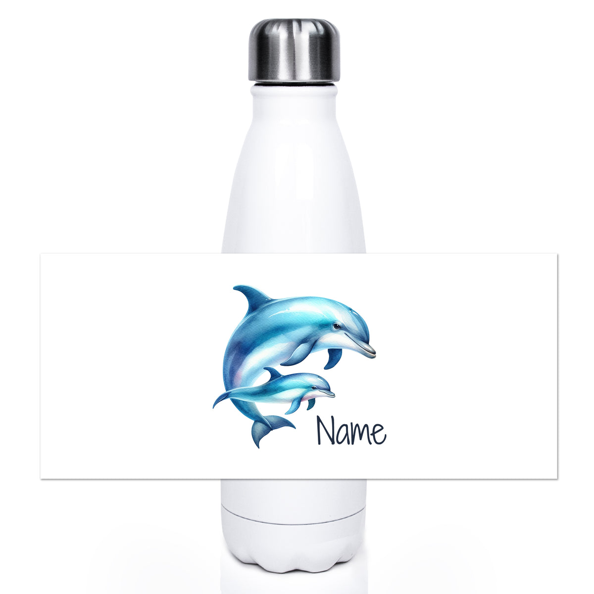 Weiße Edelstahl-Trinkflasche mit blauen Delfinen und Name.
