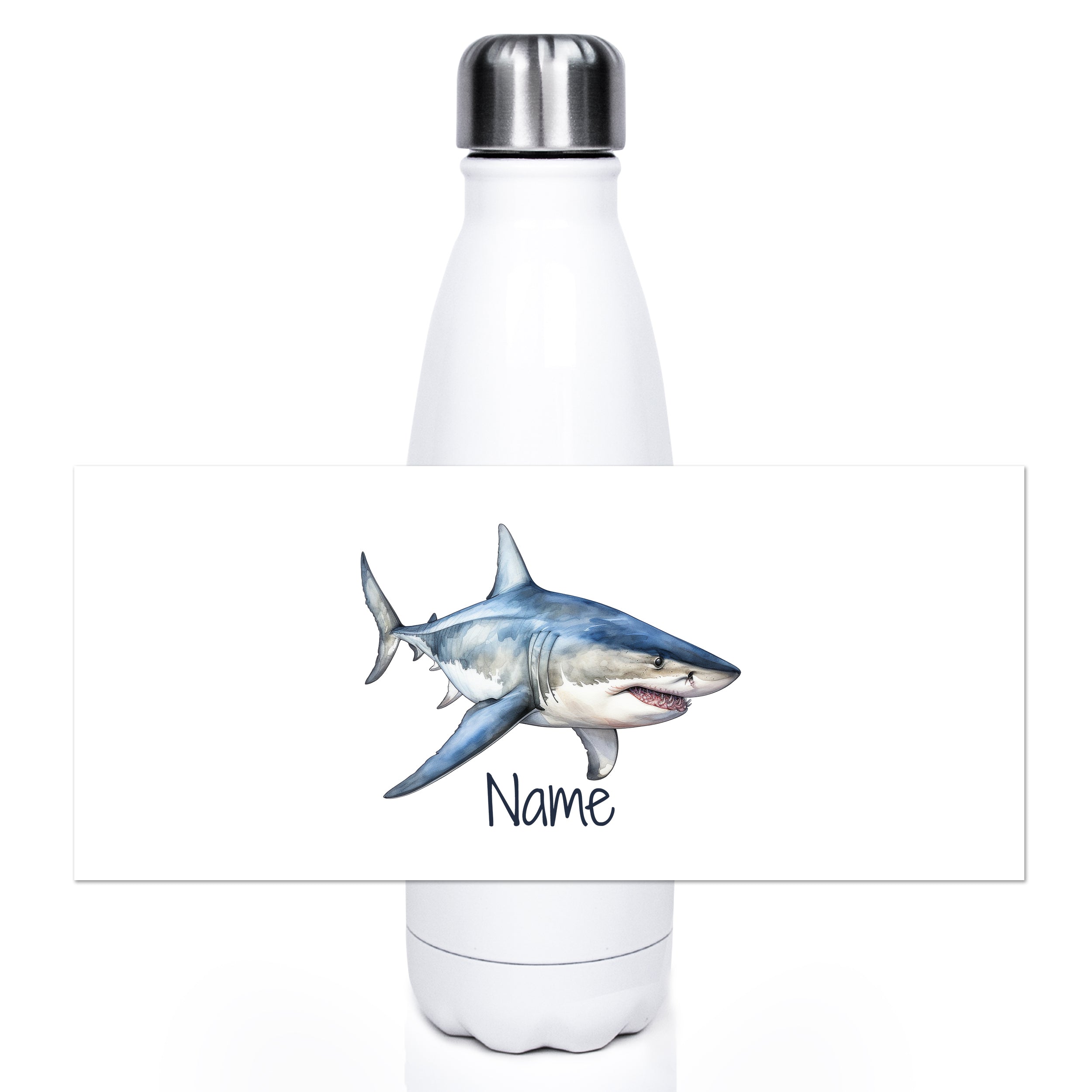 Weiße Edelstahl-Trinkflasche mit Haifisch-Motiv und Name.