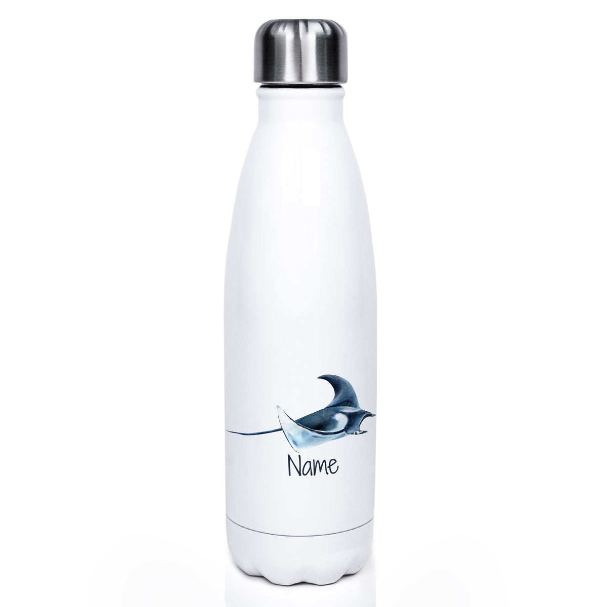Weiße Edelstahl-Trinkflasche mit Manta-Rochen-Motiv und Platz für Namen.