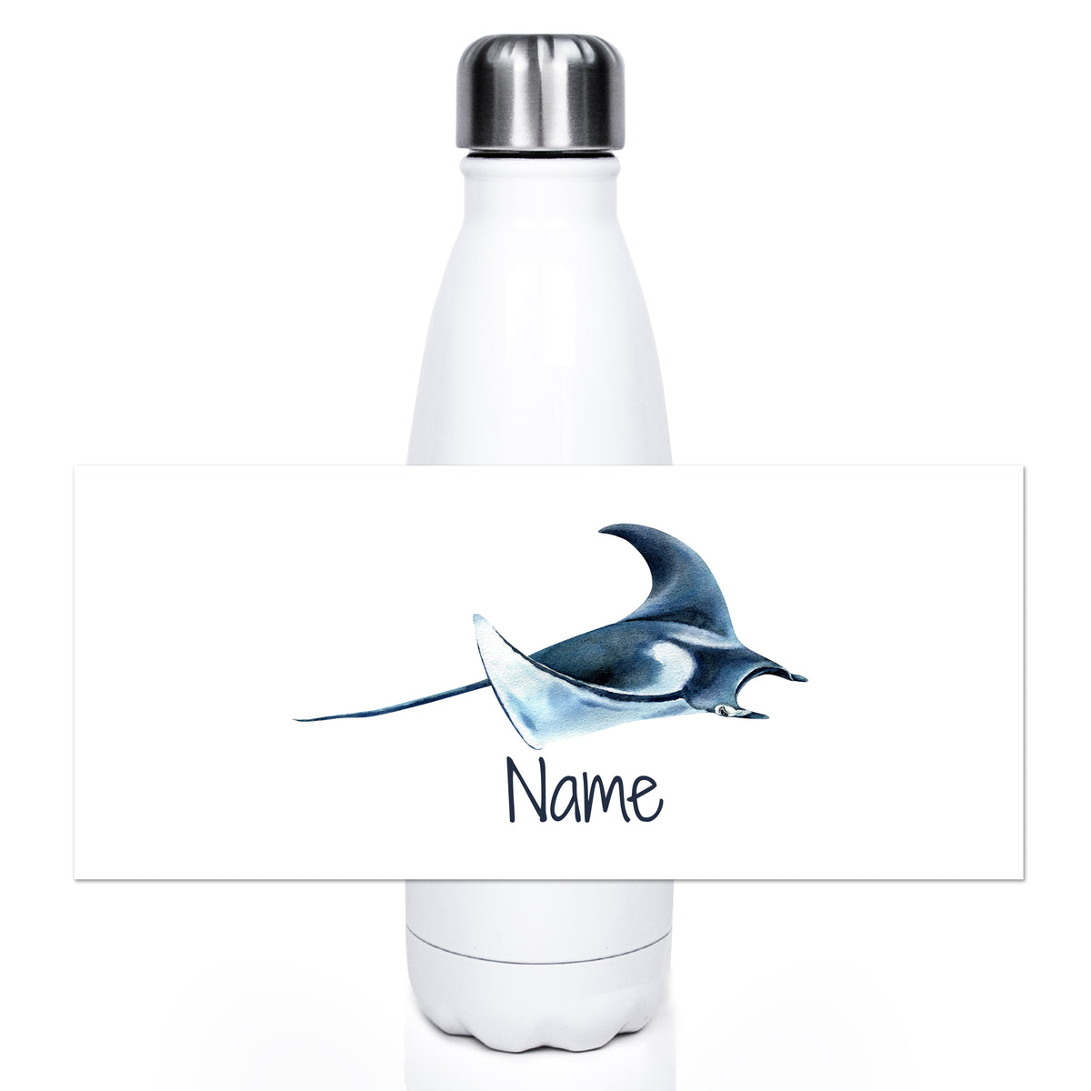 Weiße Trinkflasche mit blauer Manta-Rochen-Illustration.
