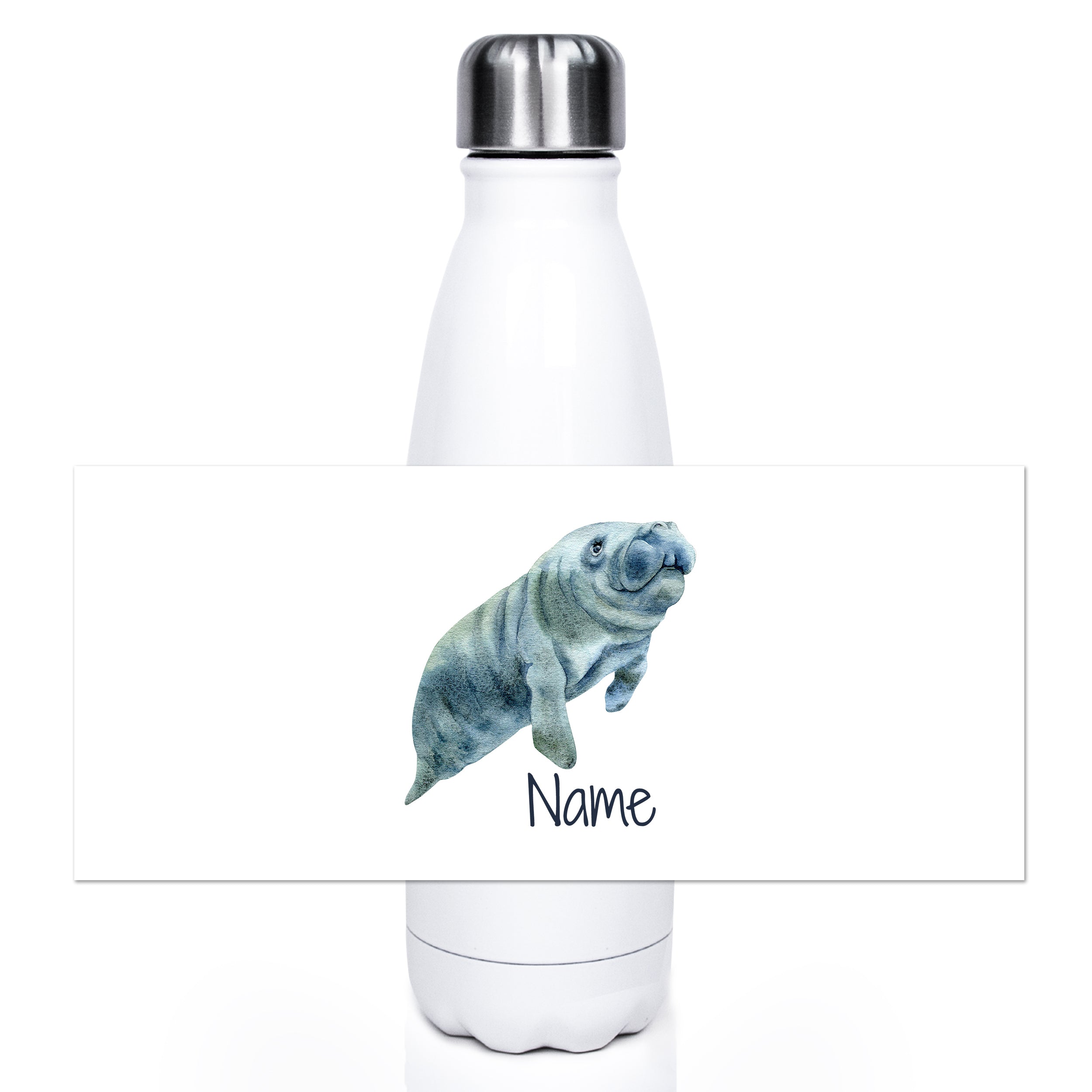 Weiße Trinkflasche mit Manatee-Illustration und Platz für Namen.