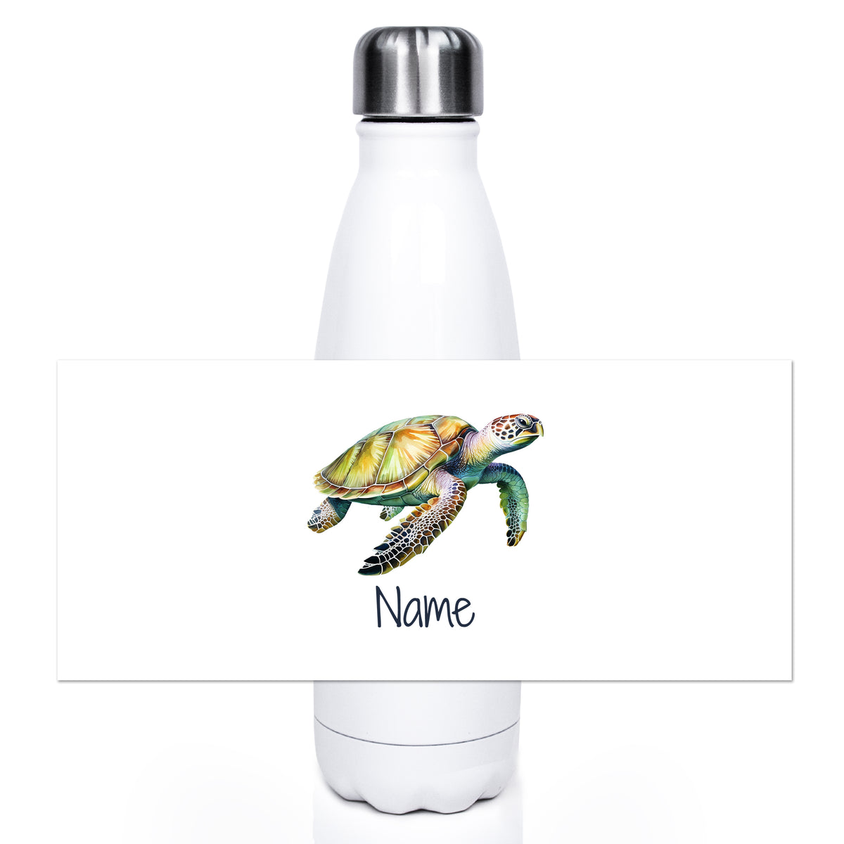 Weiße Trinkflasche mit Meeresschildkröte und personalisiertem Namen.