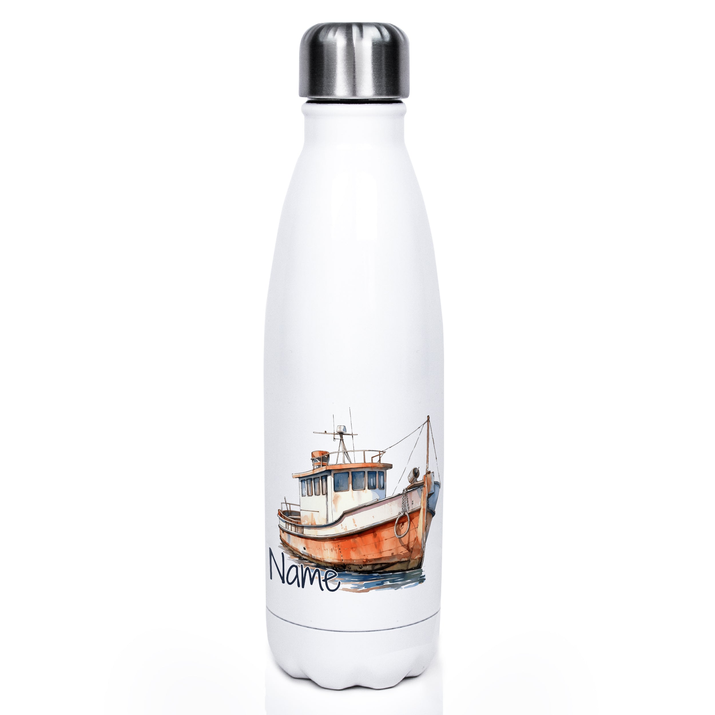 Weiße Edelstahl-Trinkflasche mit Fischerboot-Illustration.