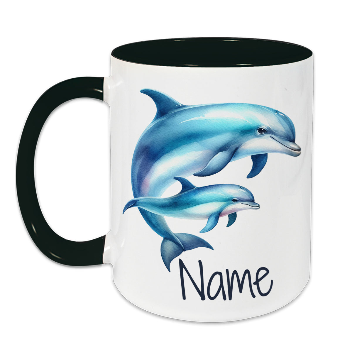Tasse mit Delfinen in Blau und personalisiertem Namen.