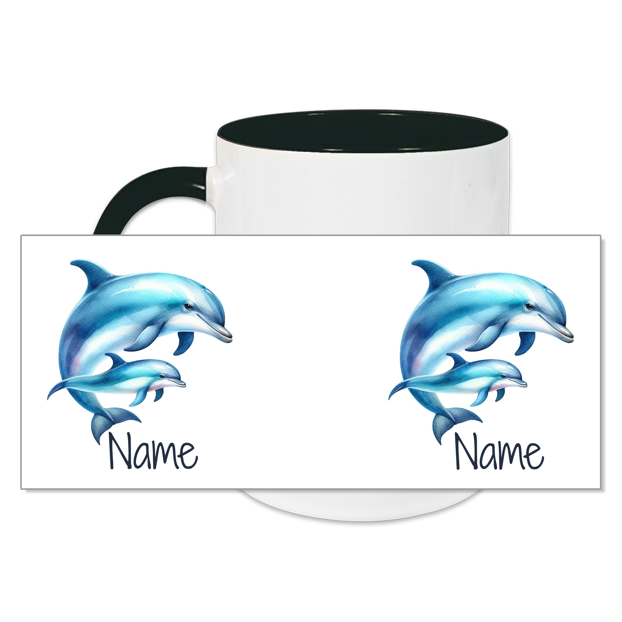 Tasse mit blauen Delphinen und personalisierbarem Namen.